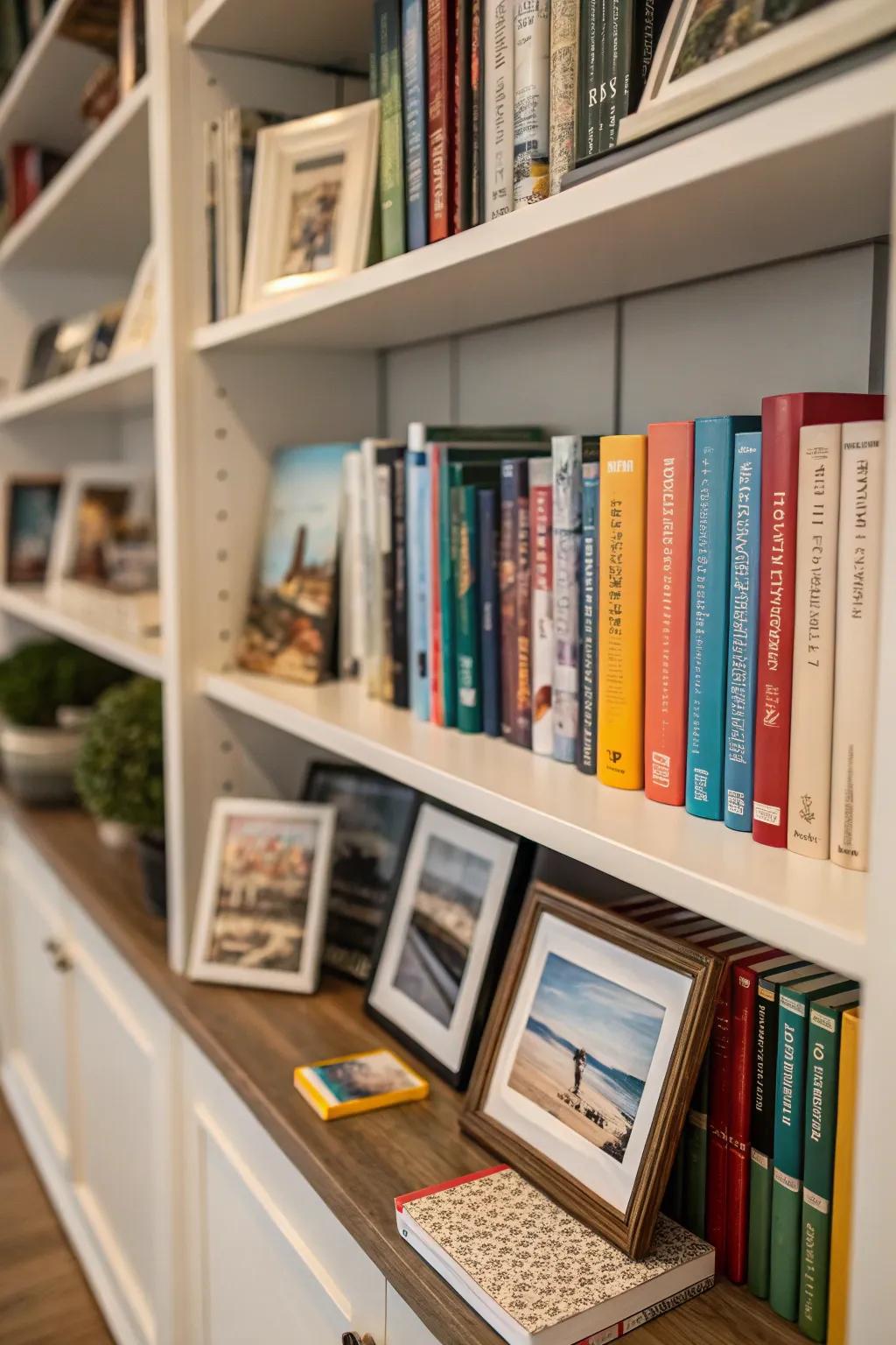 A personalized shelf showcasing beloved mementos alongside treasured books.