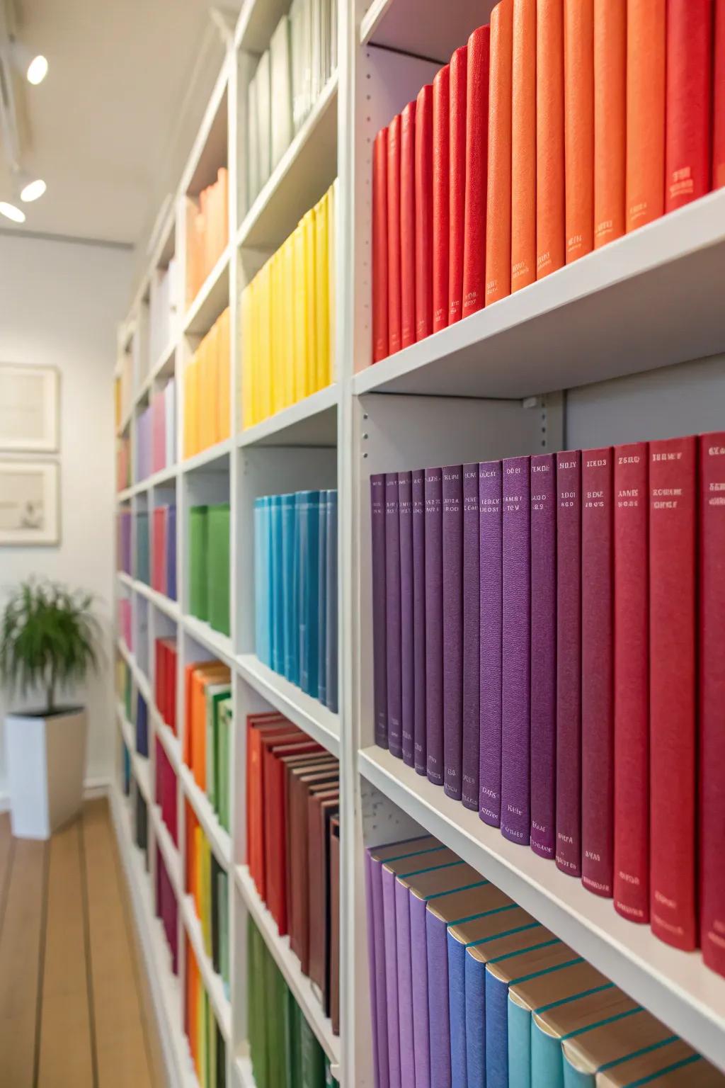 Hue-harmonized bookshelves for a striking visual impact.