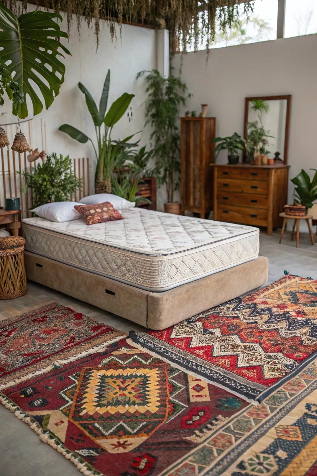 A bohemian escape with vibrant and eclectic decorations.