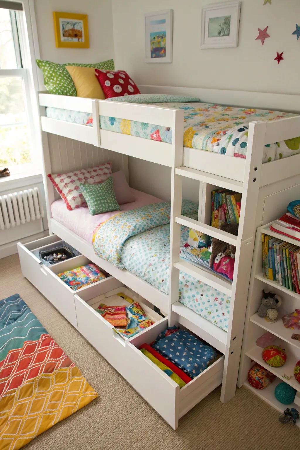 Storage under the bed helps keep the shared area tidy and organized.