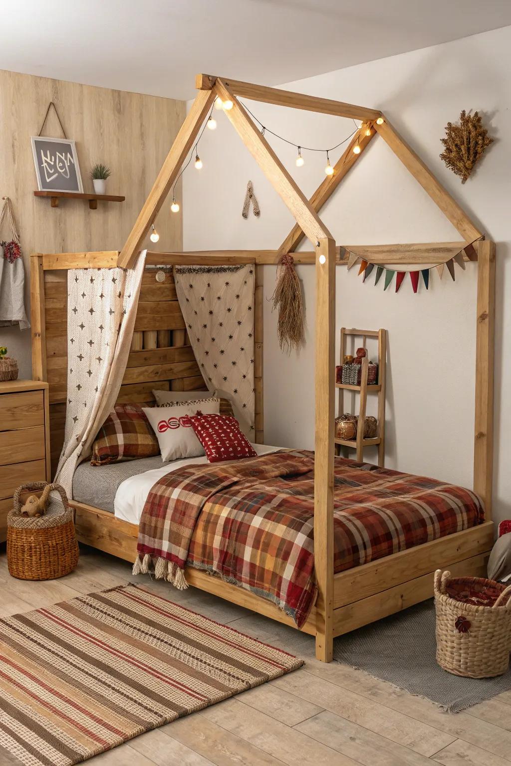 Retreat to a peaceful cabin-inspired space using this canopy bed.