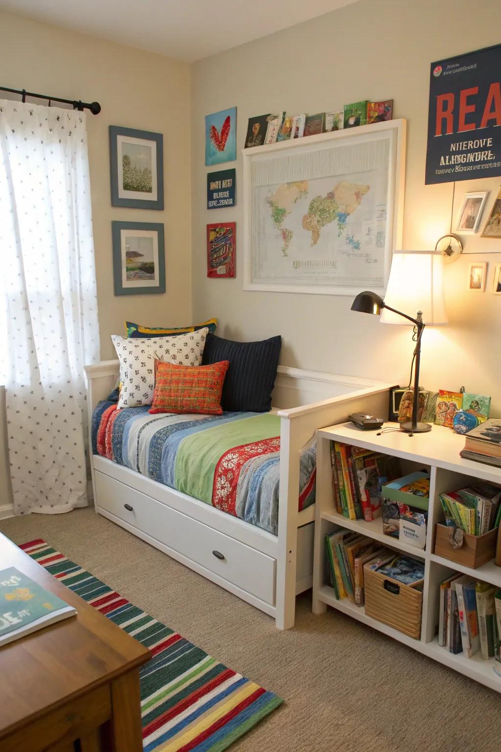 Realize functional harmony with a daybed setup that combines study and sleep.