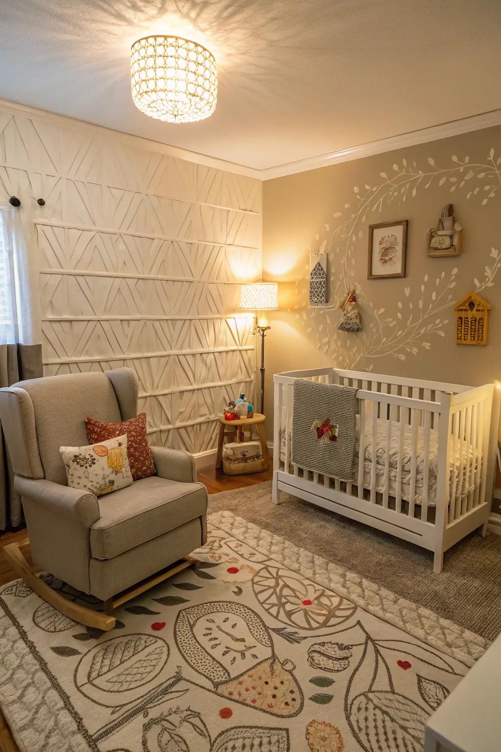 Textured walls contribute depth and interest to the nursery.