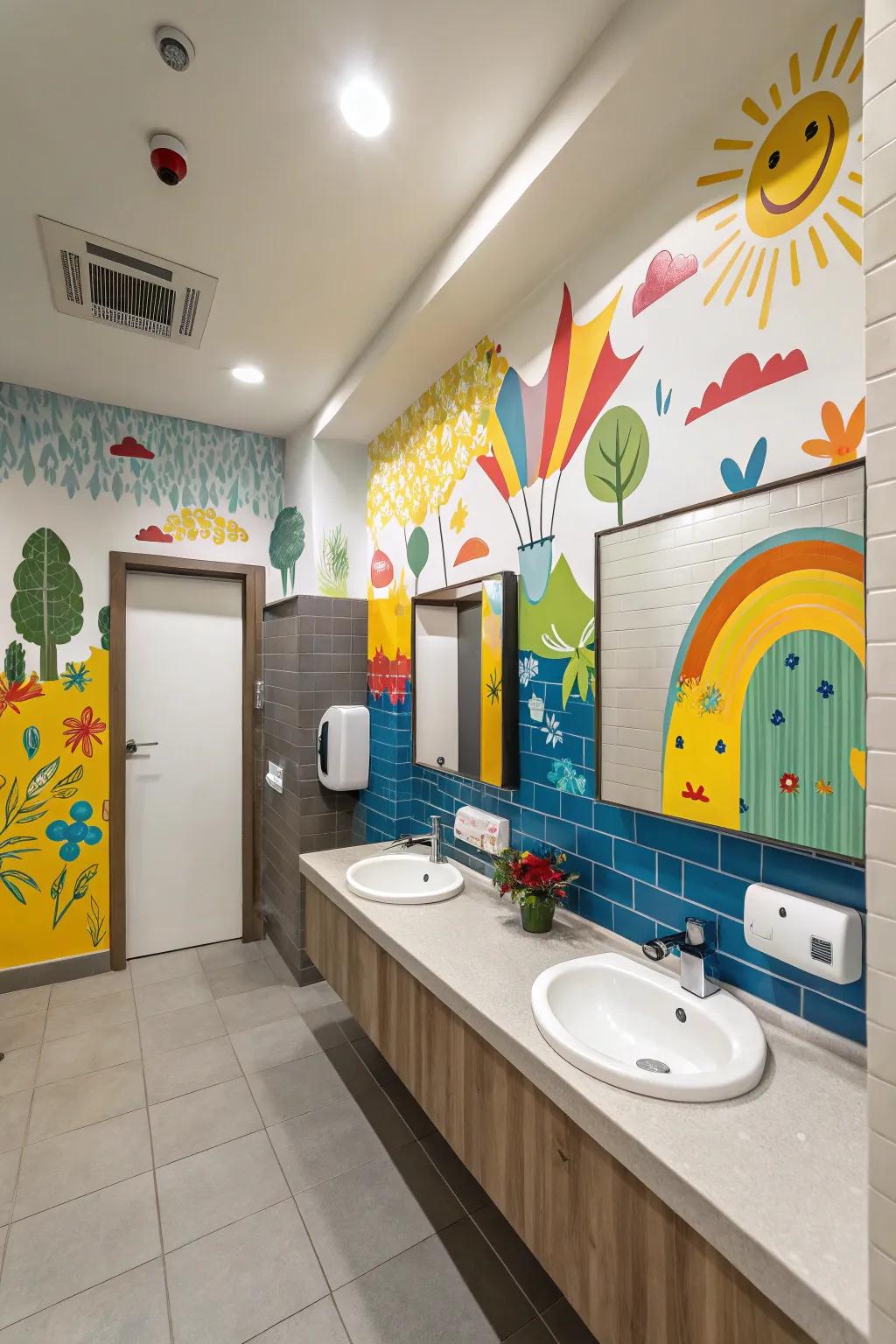 Wall decor injects character into a boys' bathroom.