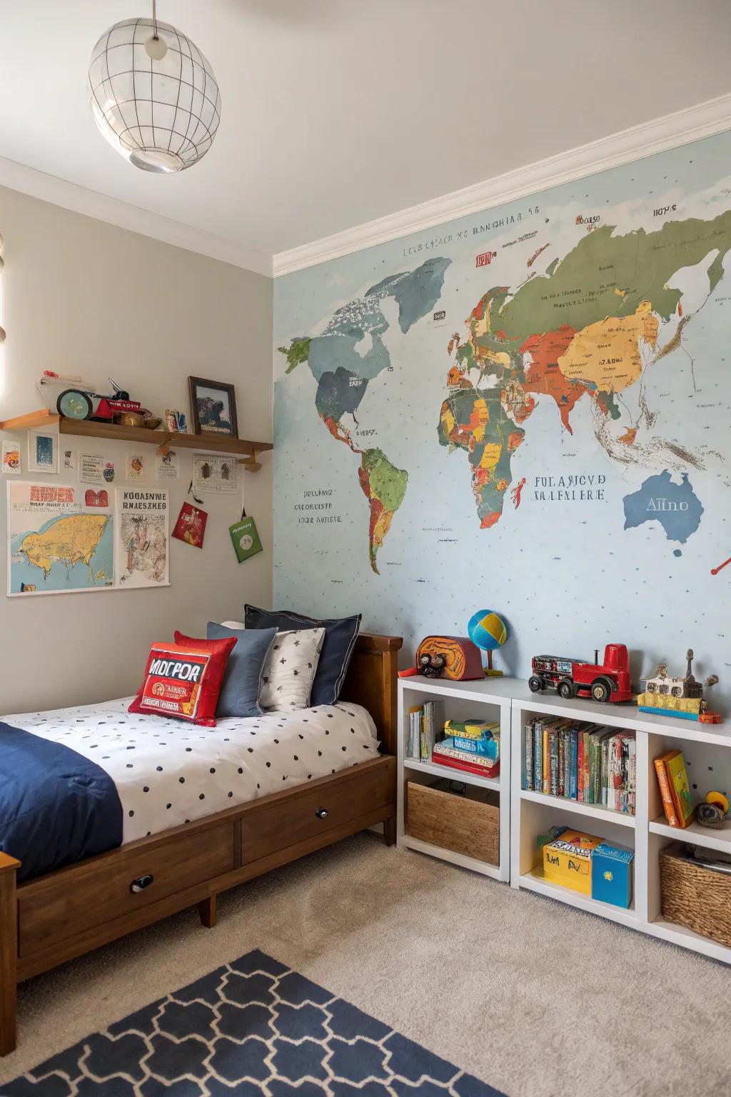 Art on the walls brings character and charm to a boy's room.