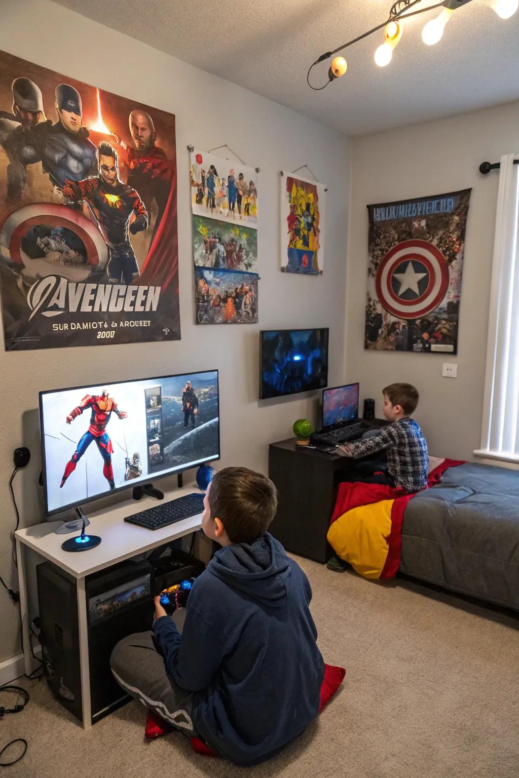 Superhero wall art provides an energetic and personal detail to the gaming room.