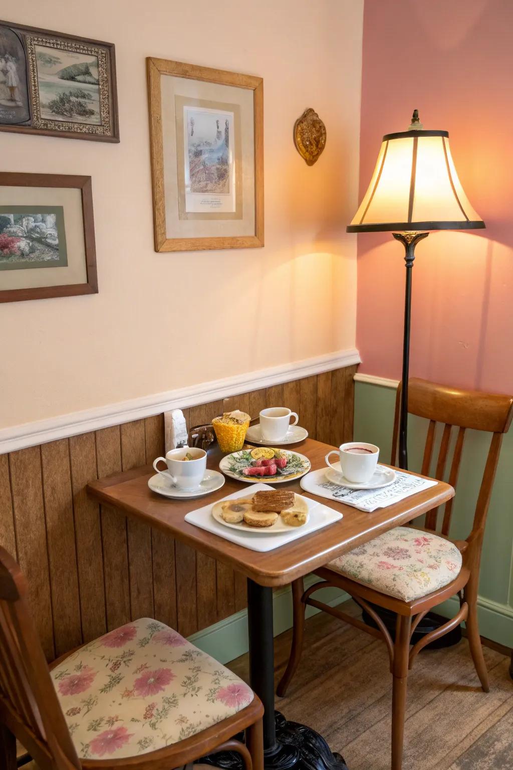 A lamp delivering a warm radiance in a snug breakfast nook.
