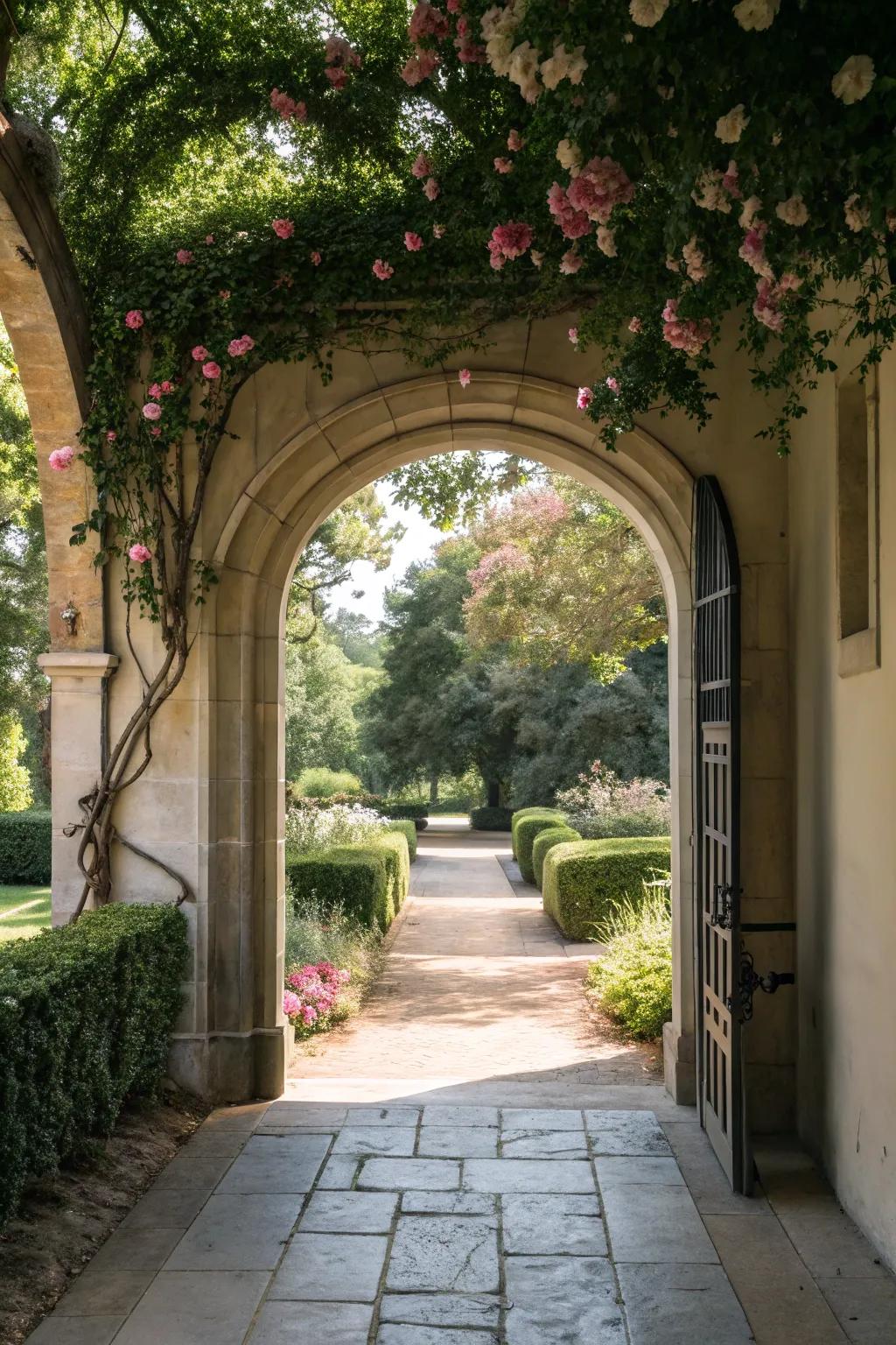 An elegant arched entryway adding to the breezeway's allure.