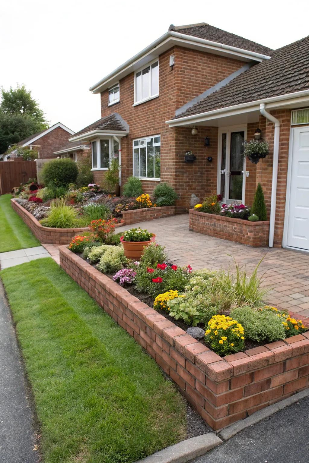 Boost your home's appeal with front yard brick flower beds.