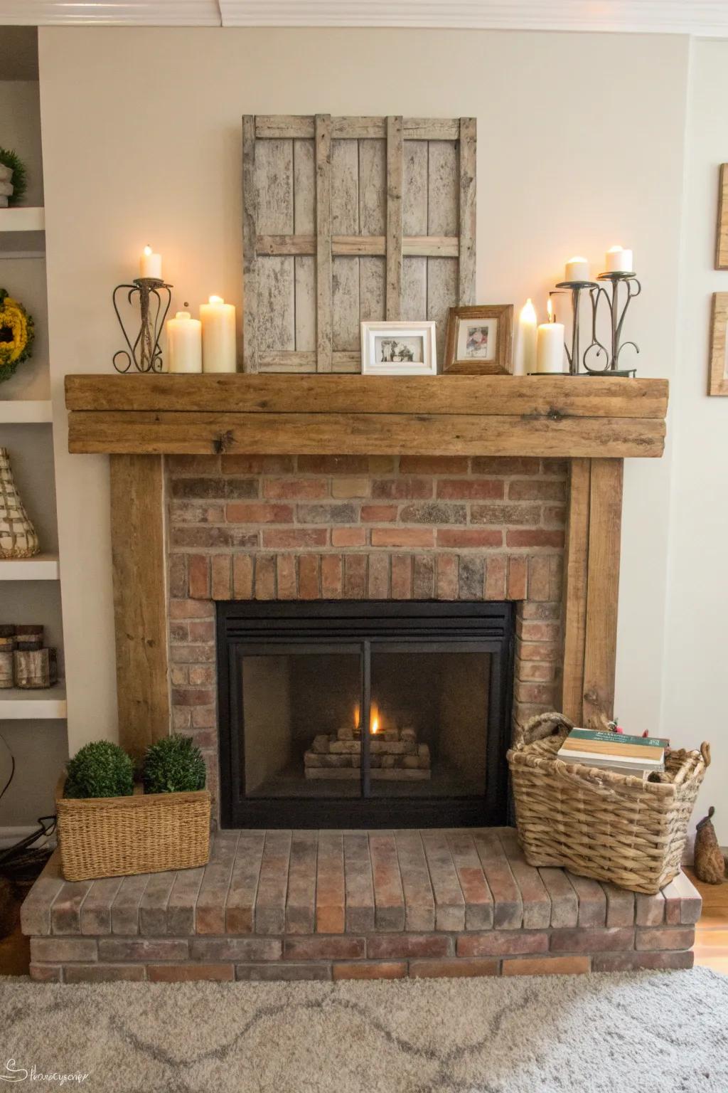 A brick hearth featuring a timber mantel, injecting countryside charm and practicality.