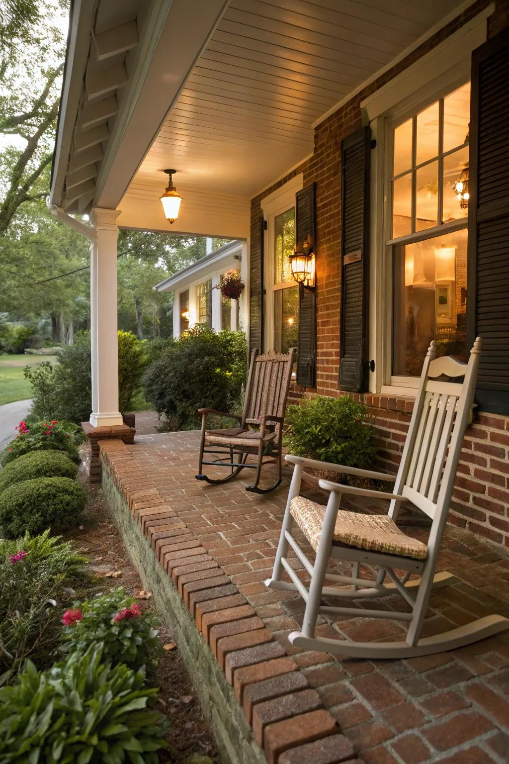 Cozy rocking chairs invite relaxation on this charming brick porch.
