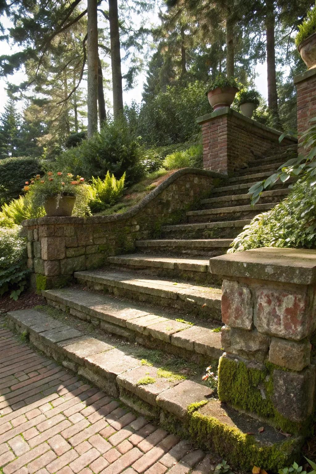 Brick and rock steps composing a textured outdoor route.