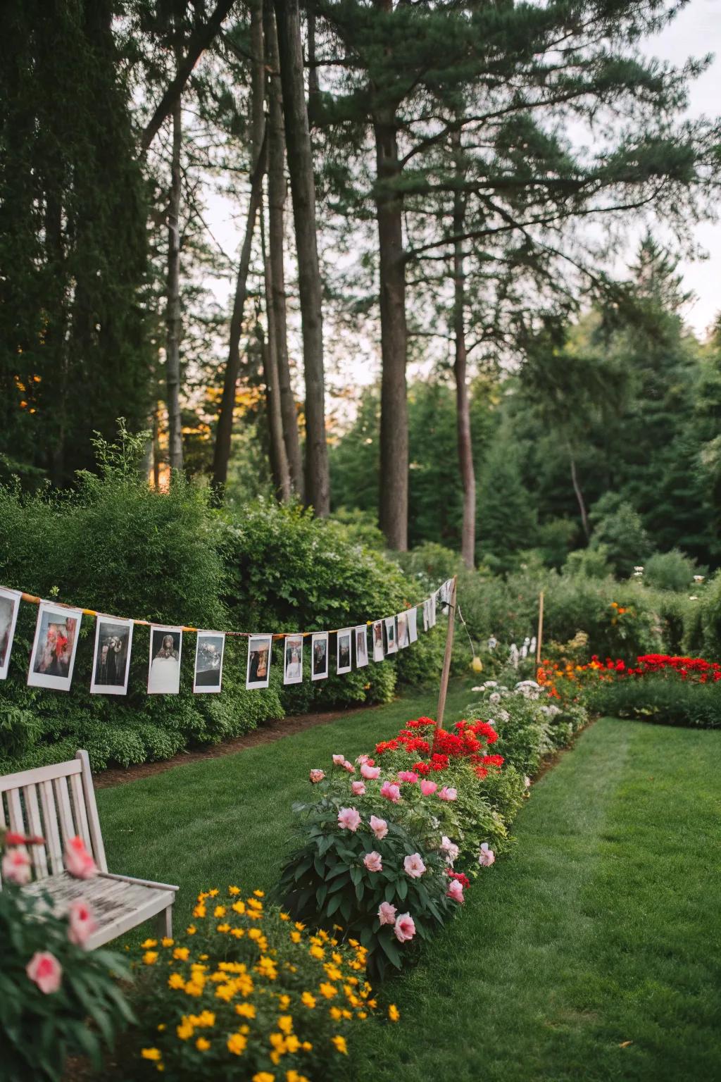 Vegetation context featuring suspended images at a garden pre-wedding festivity.