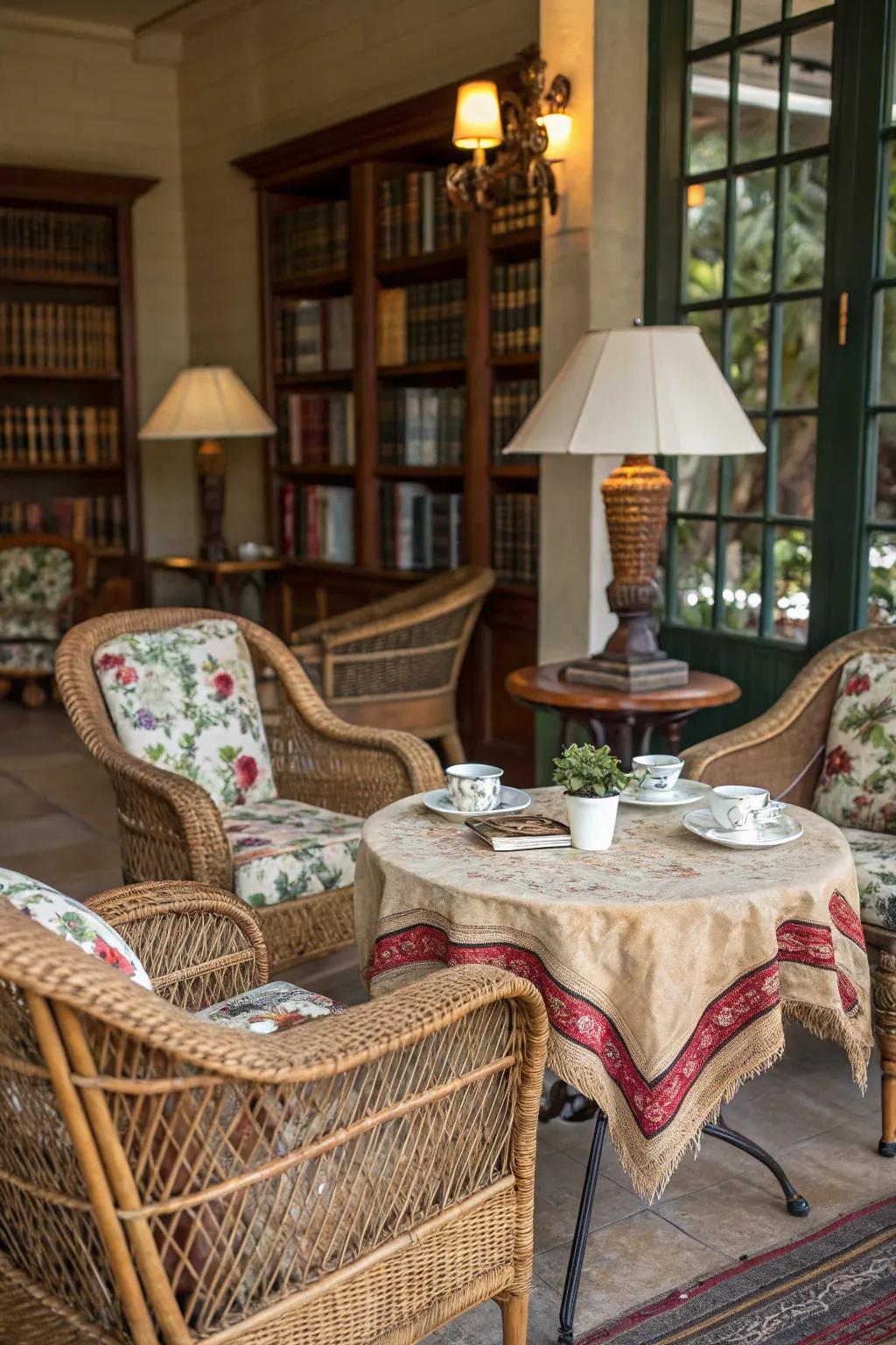 Wicker and rattan contribute a light and airy nuance.