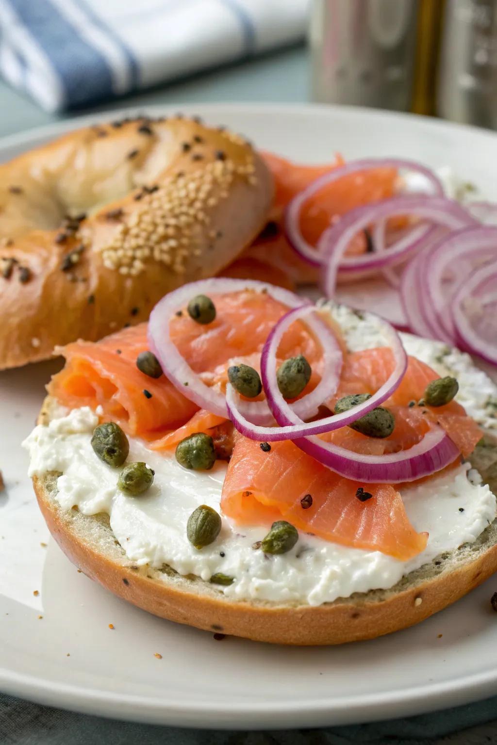 A flavorful ring-shaped bread and smoked salmon display for a traditional vibe.