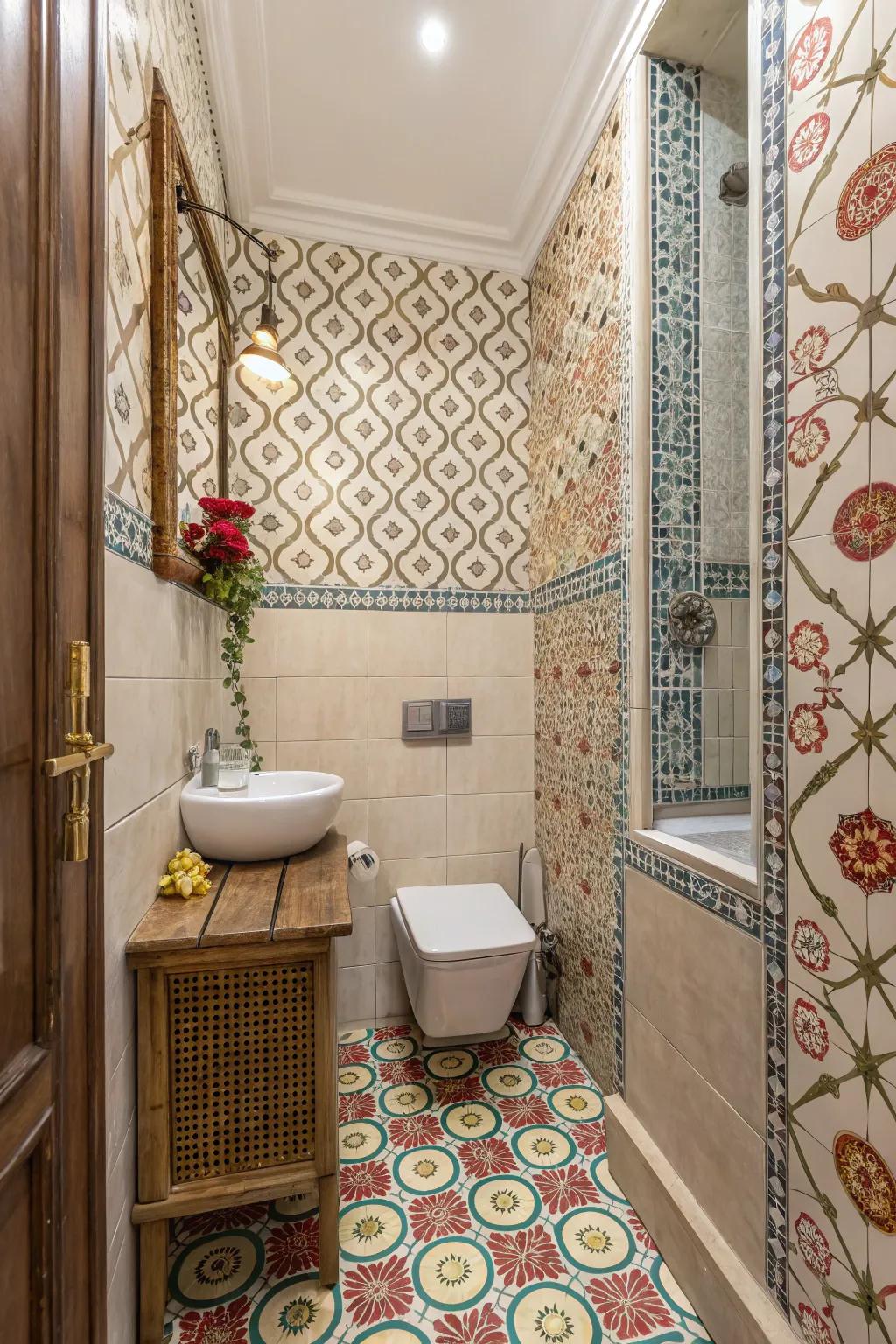 Ornamental features enliven a small bathroom with patterned wallpaper.