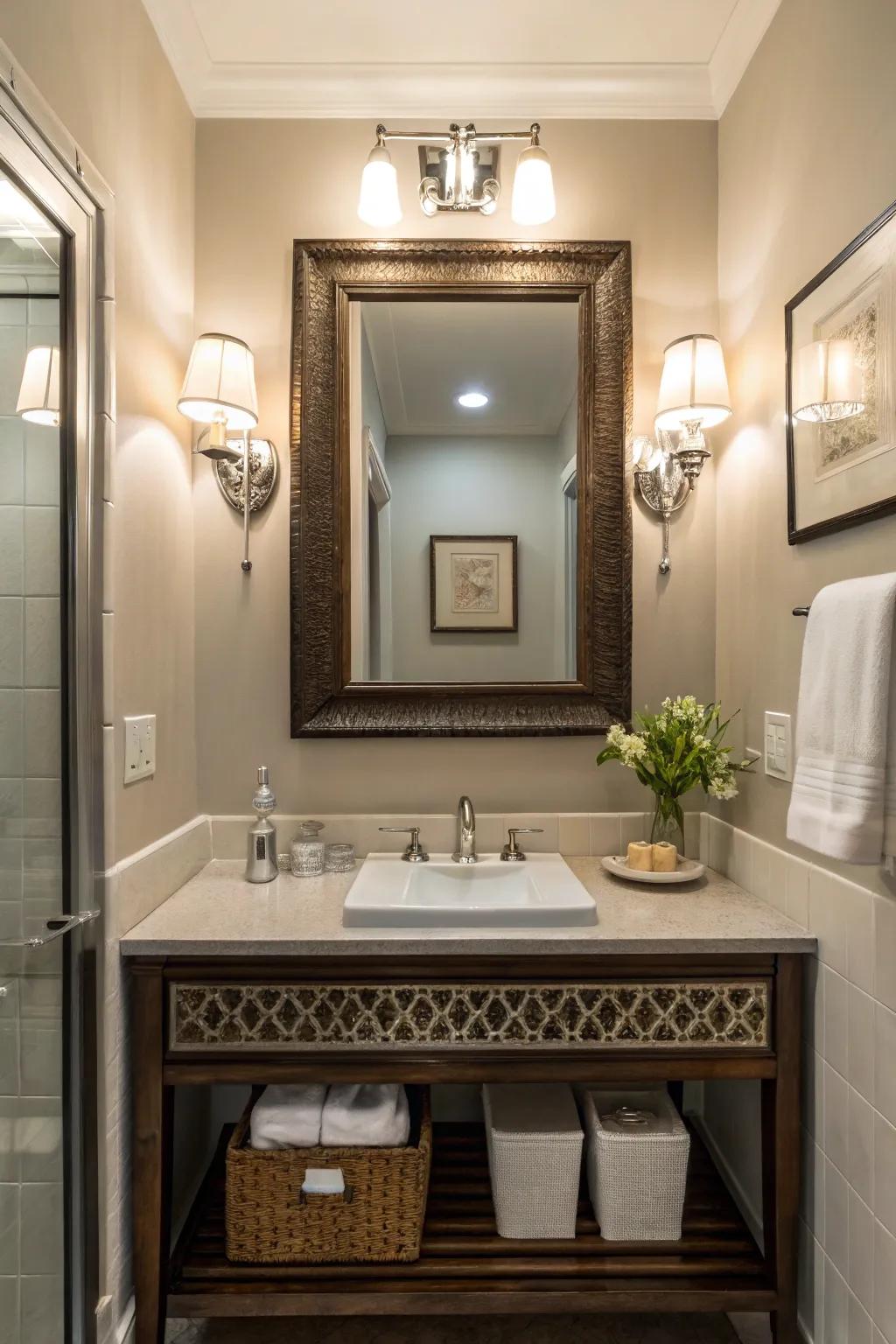 Mirrors and lighting contribute refined charm to any bathroom.