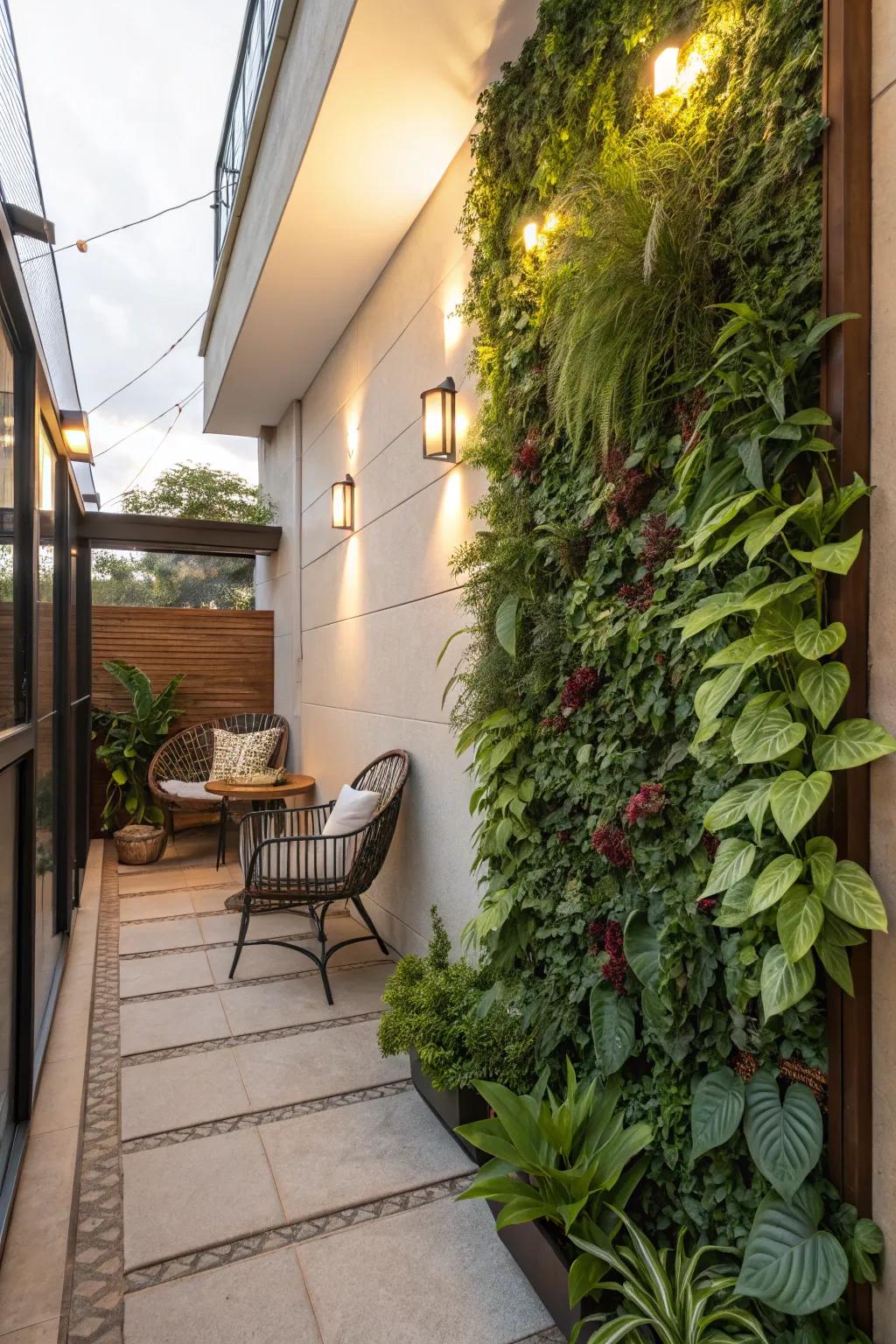 Vertical plant walls maximize greenery in small outdoor spaces.