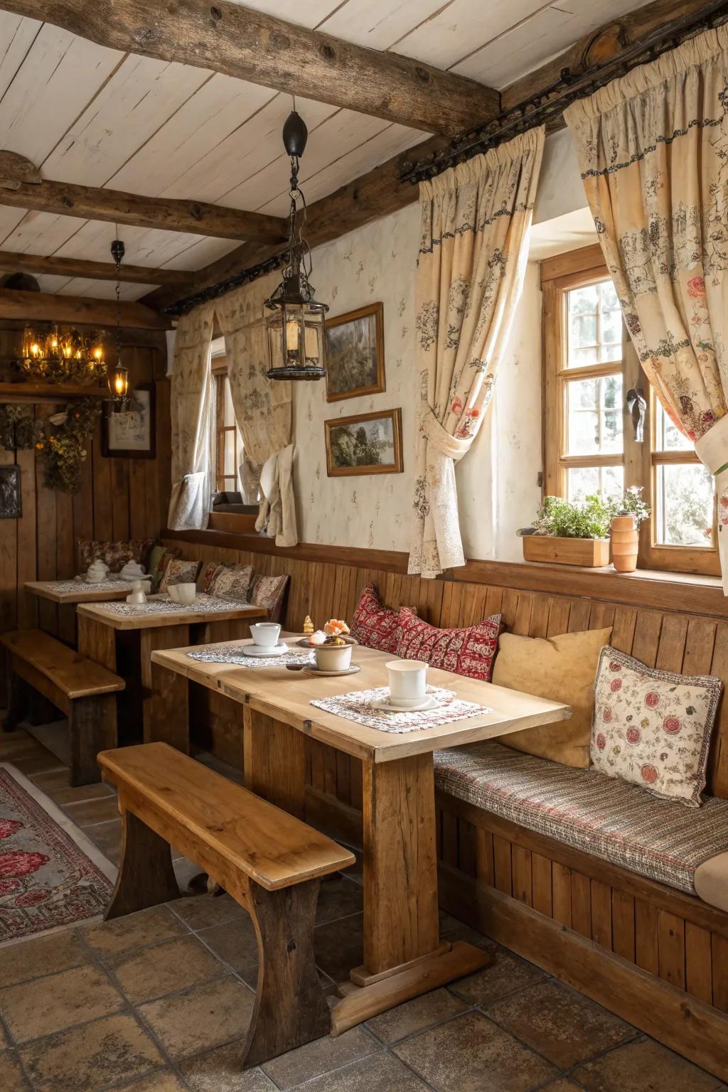 Kitchen featuring country house charm with timber banquette seating.