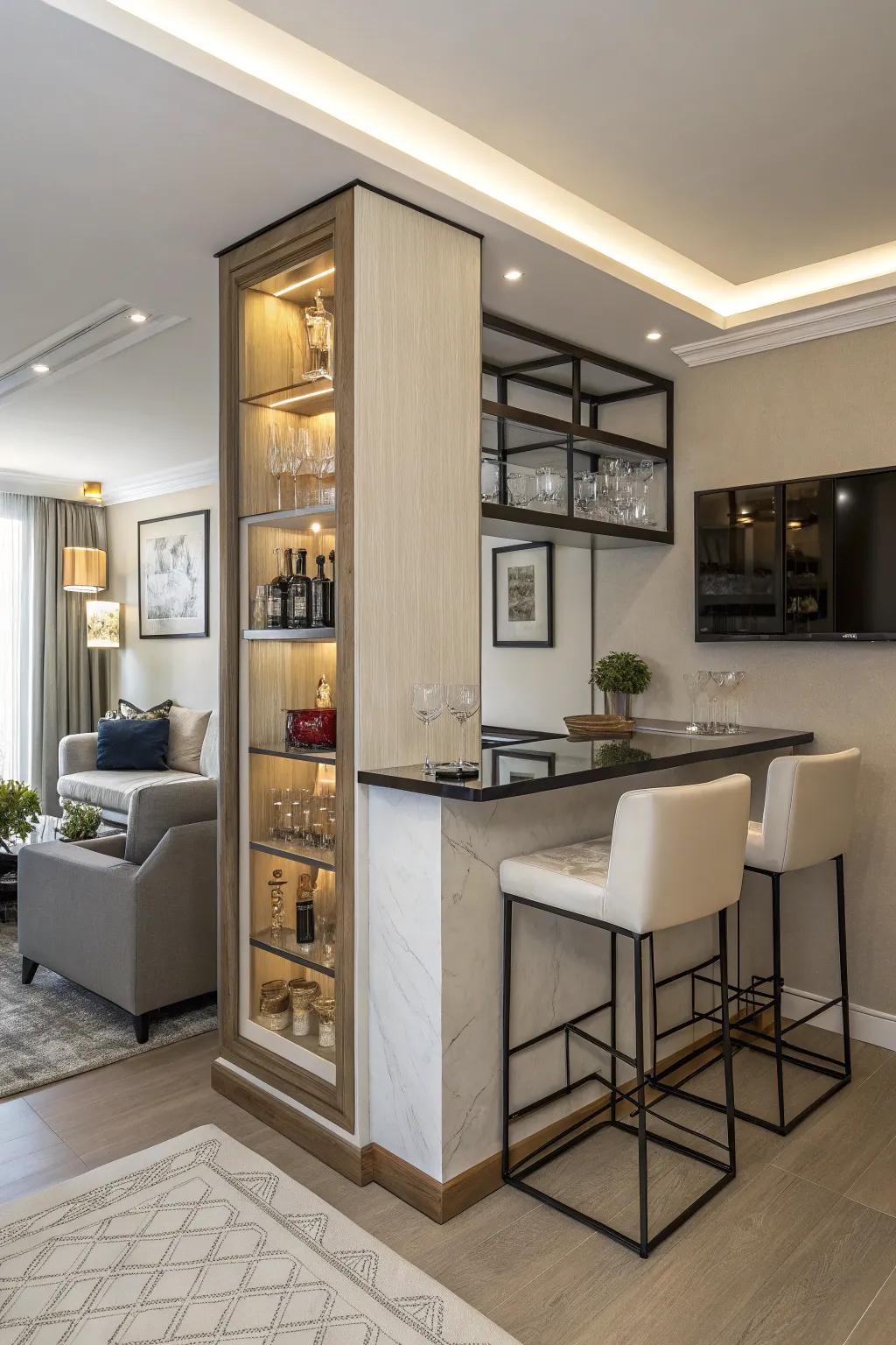 A stylish corner drink station optimizing upward area in a small residence.