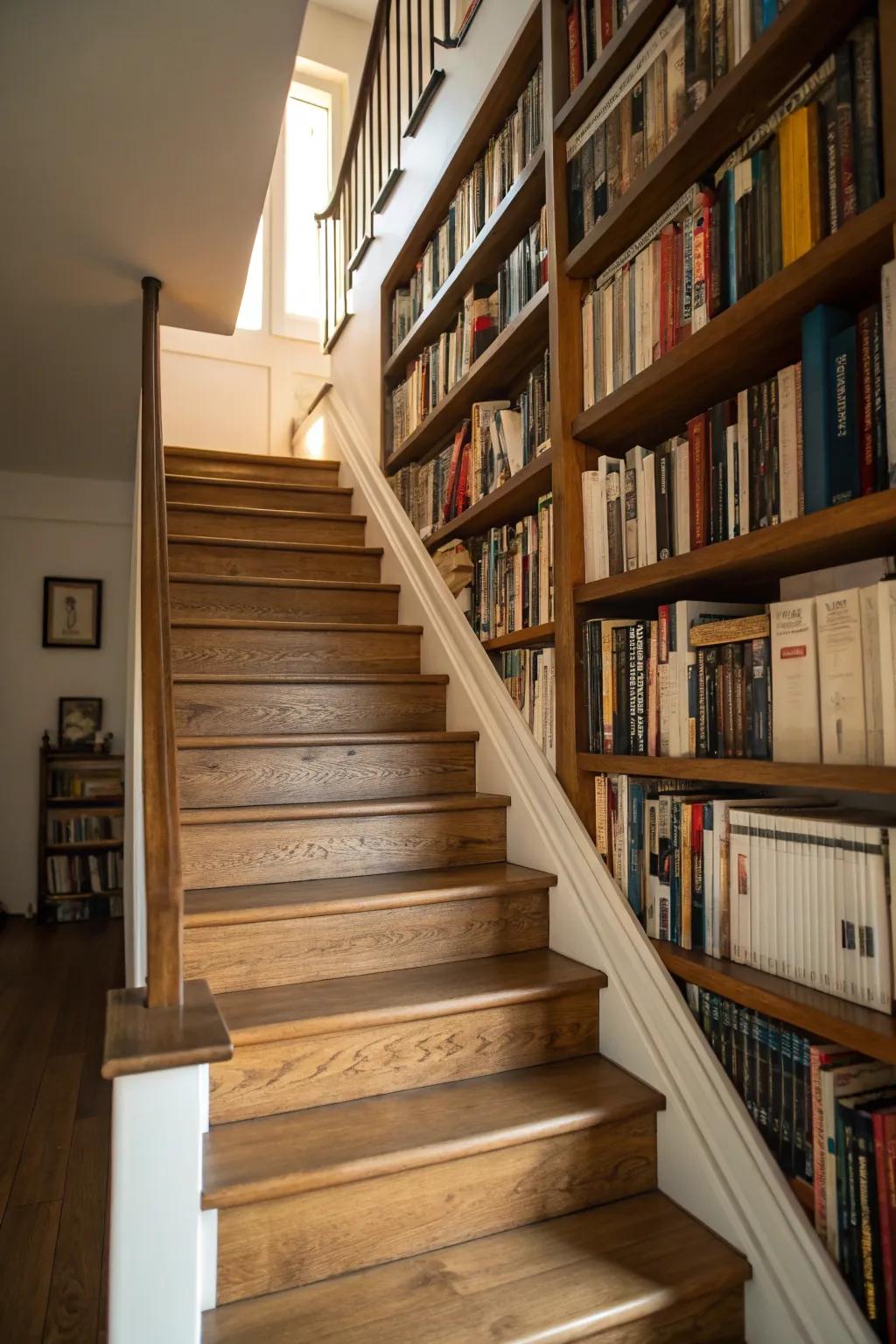 A clever use of space with bookshelves under the stairs.
