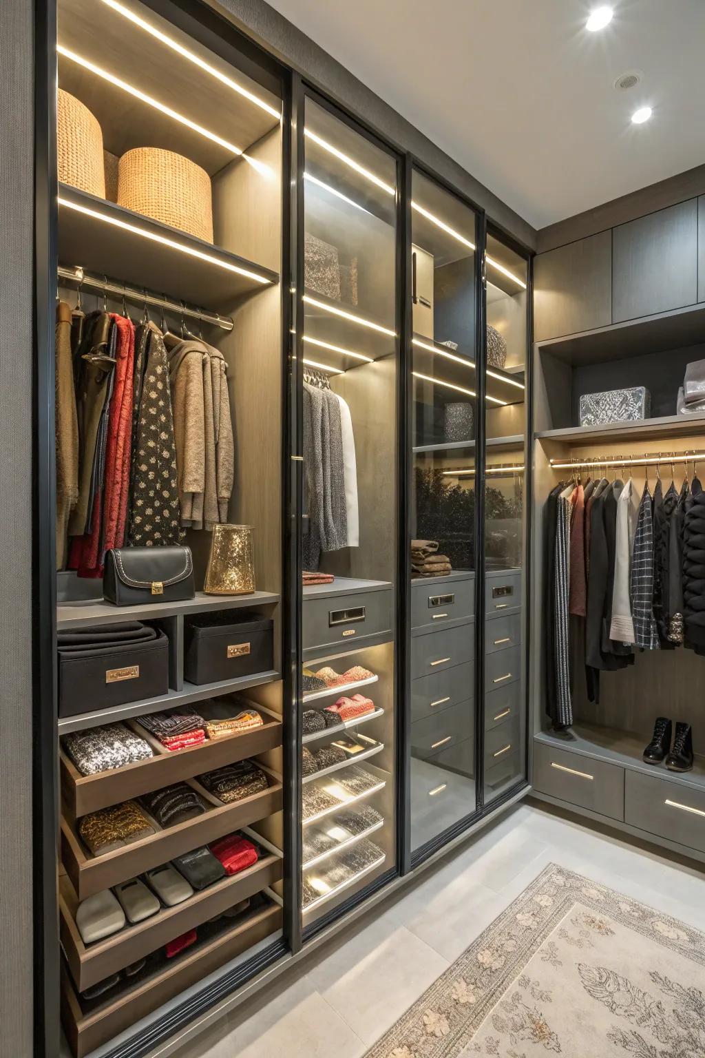 Drawers with transparent fronts boost elegance and visibility.
