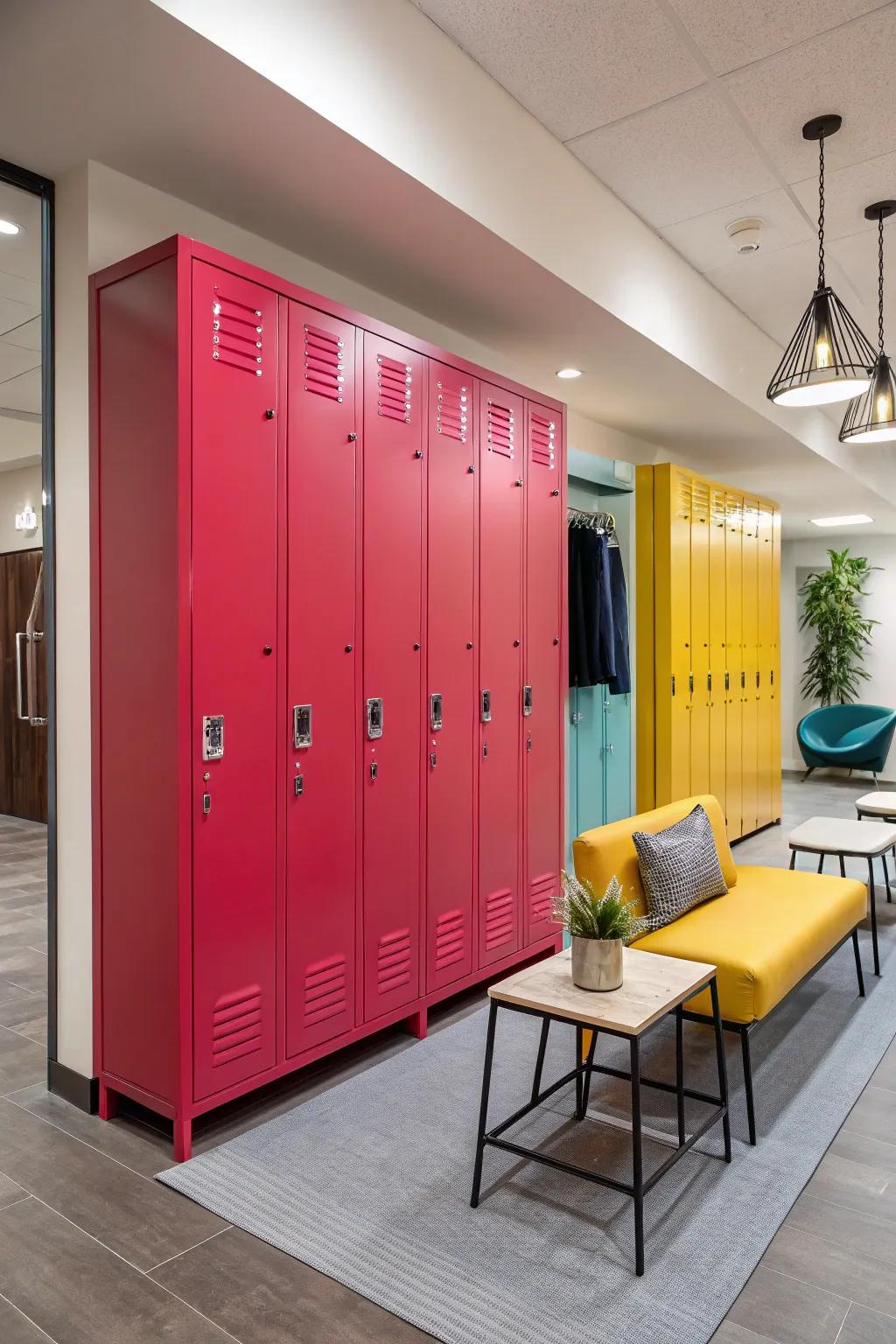 Dynamic paint shades rejuvenate integrated lockers.
