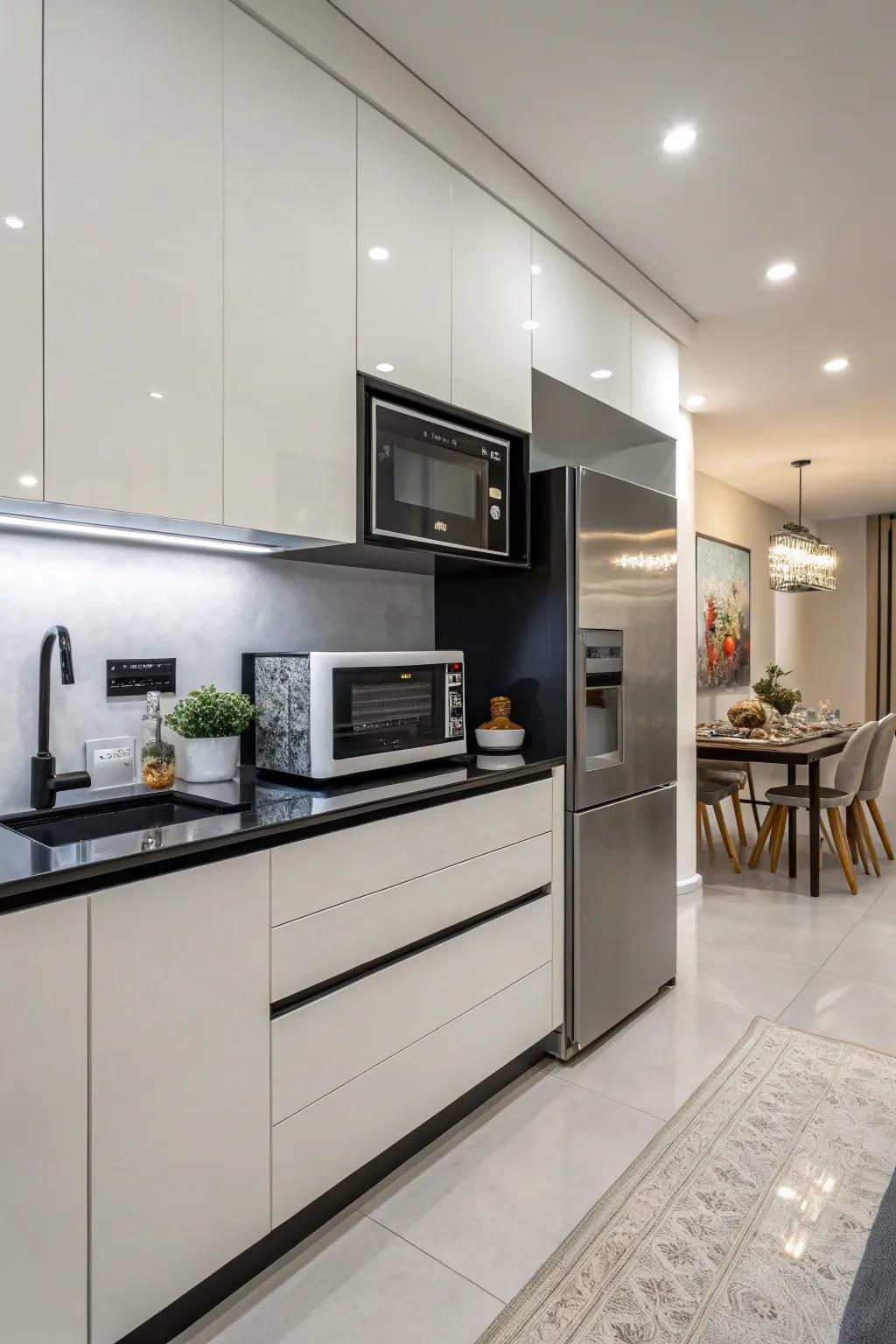 A wave oven cleverly installed under the kitchen counter.