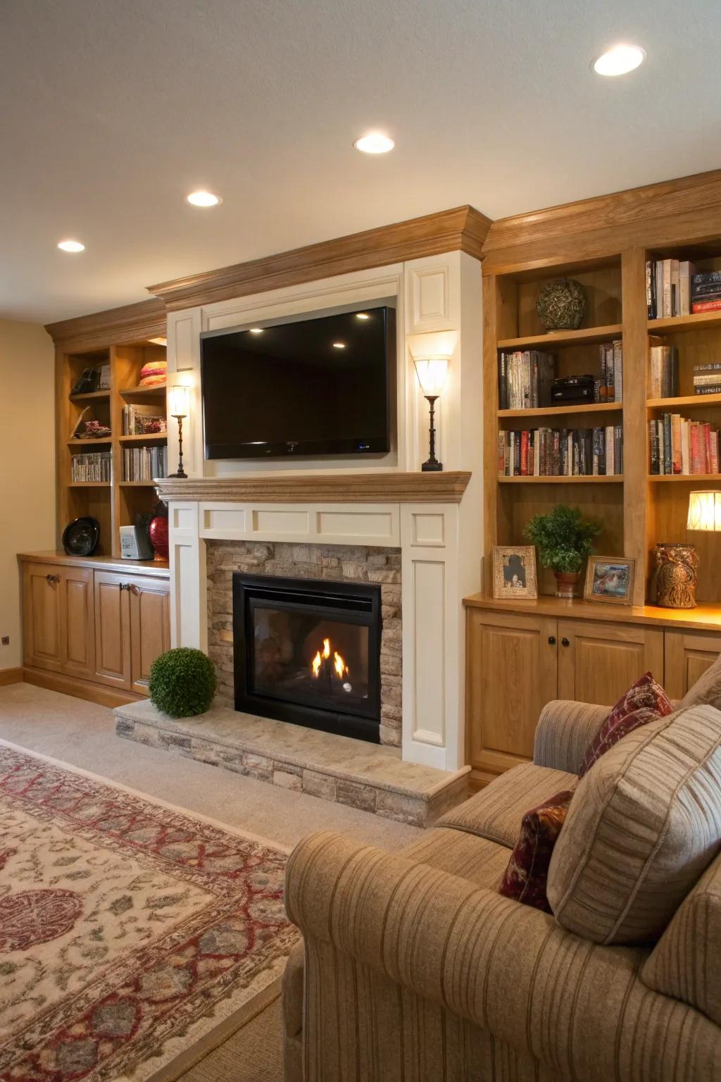 A mounted TV blends effortlessly with the design of the fireplace.