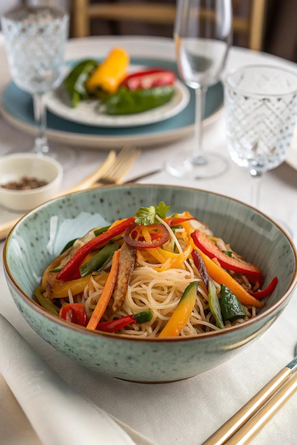 A vibrant vegetable stir-fry with fine rice sticks, guaranteed to please.