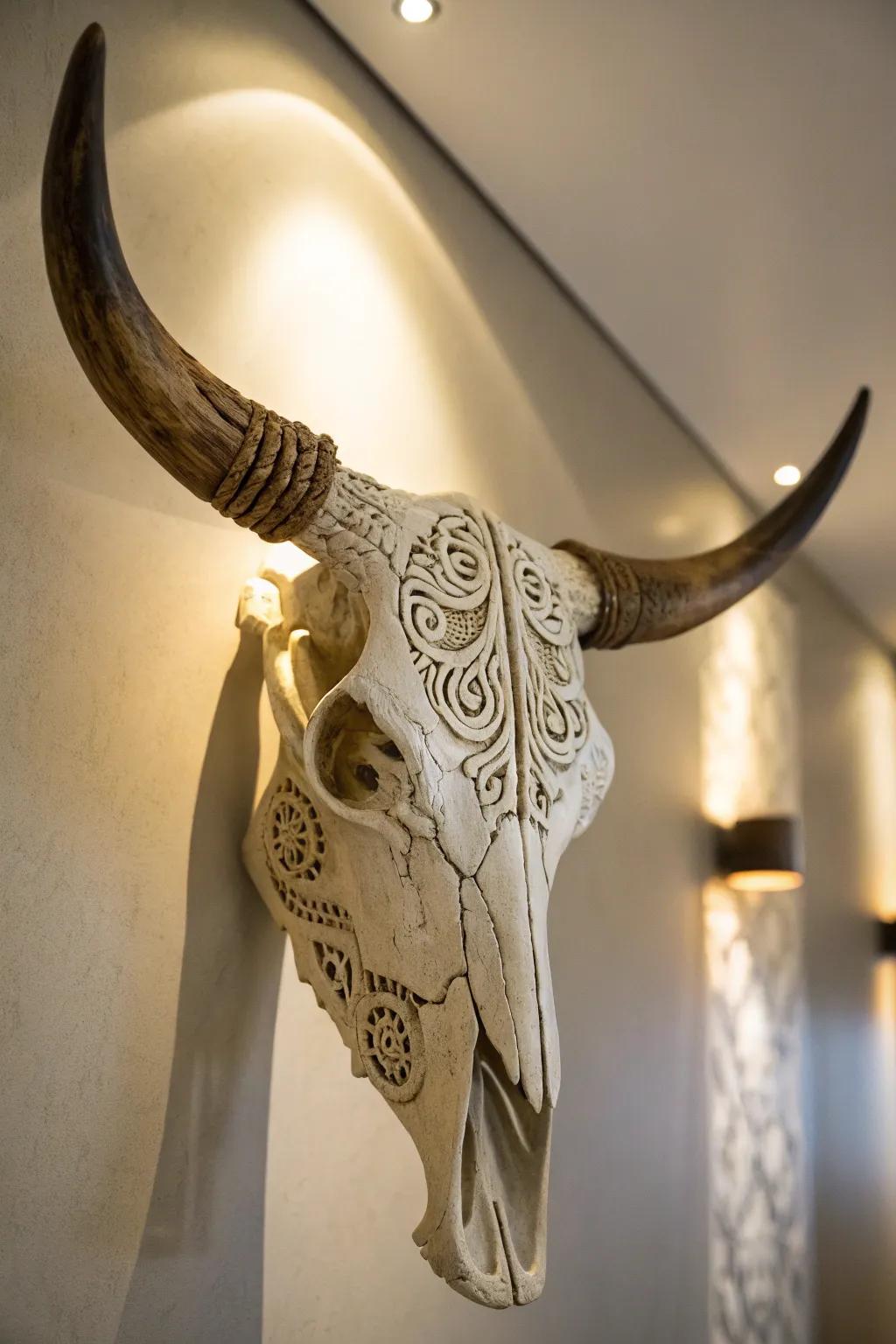 Complexly patterned cow skull including creative detail.