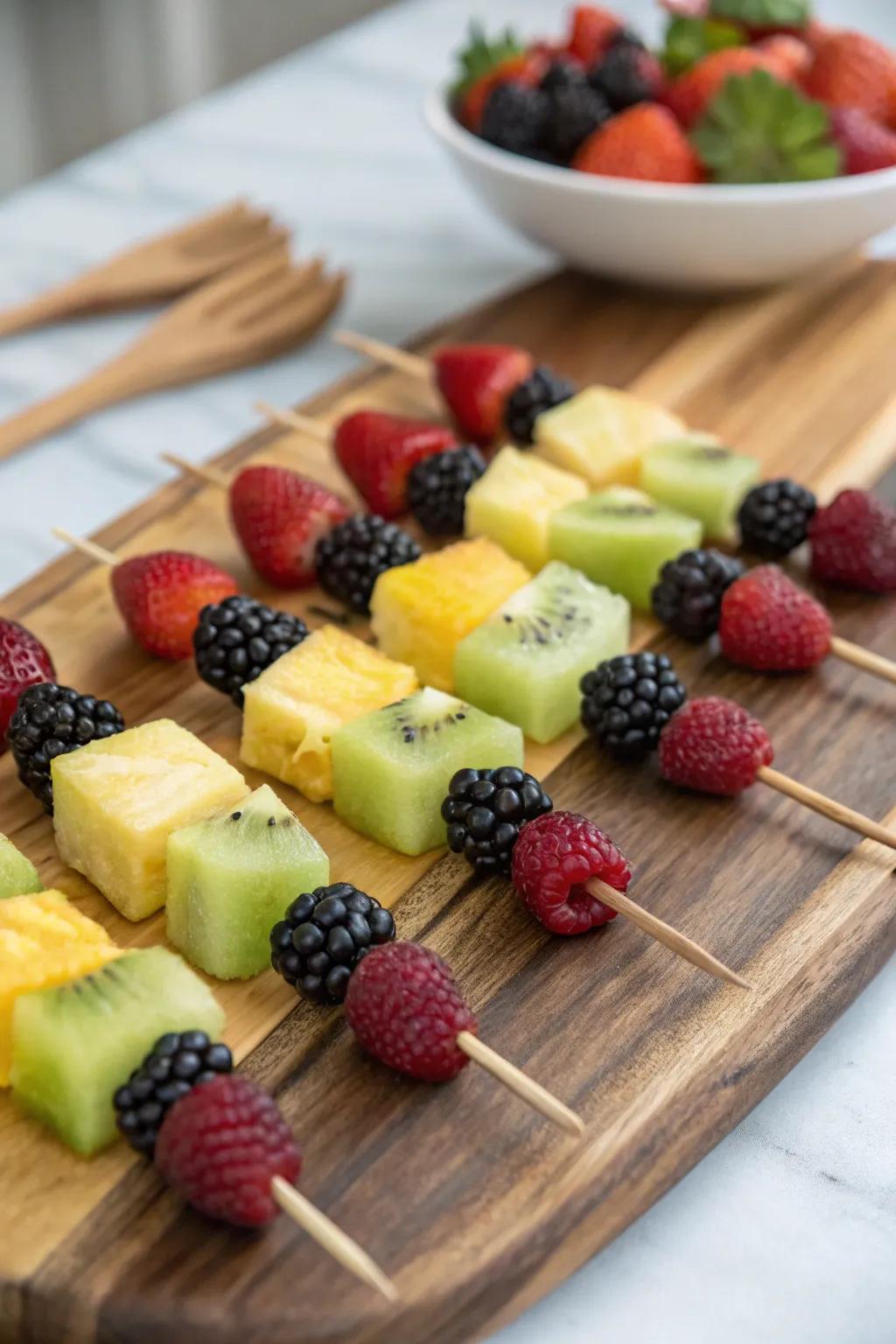 Striking fruit sticks suitable for a bee-themed event.