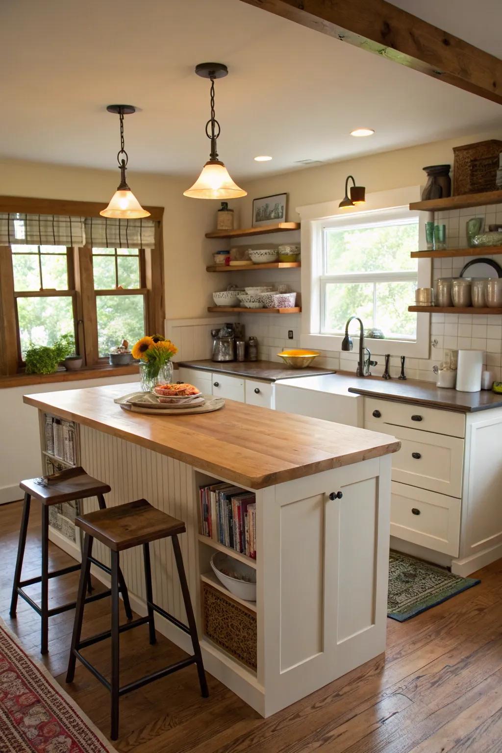 A cottage kitchen featuring a useful island counter for increased functionality.