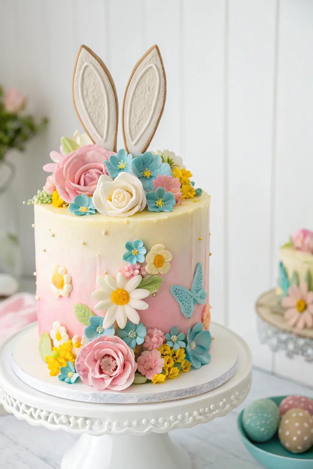 A whimsical rabbit-topped cake ideal for the baby shower.
