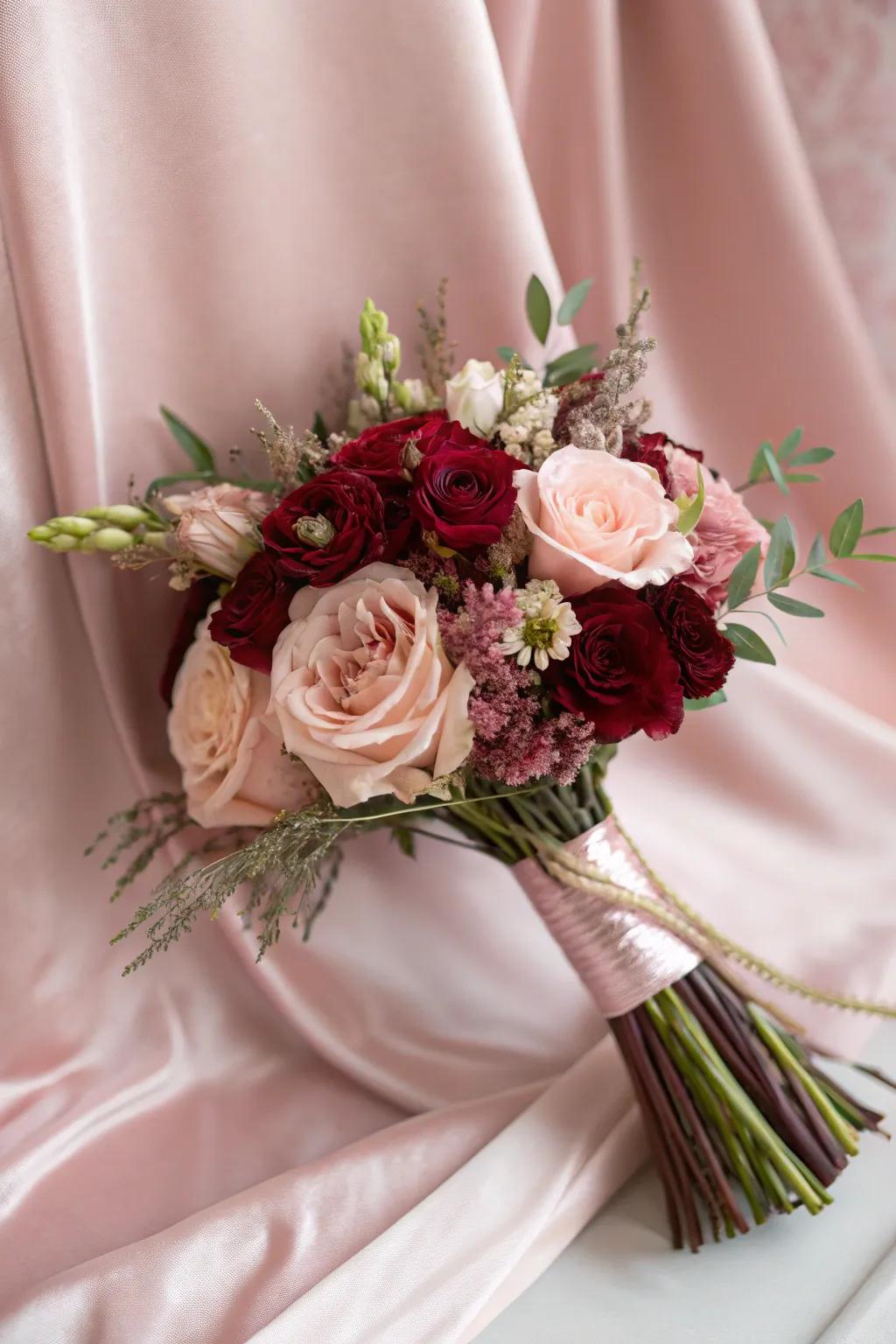 A dreamy combination of deep red and soft pink flowers.