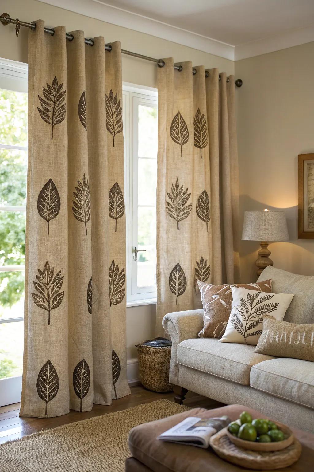 Individualized appeal featuring stenciled hessian drapes.