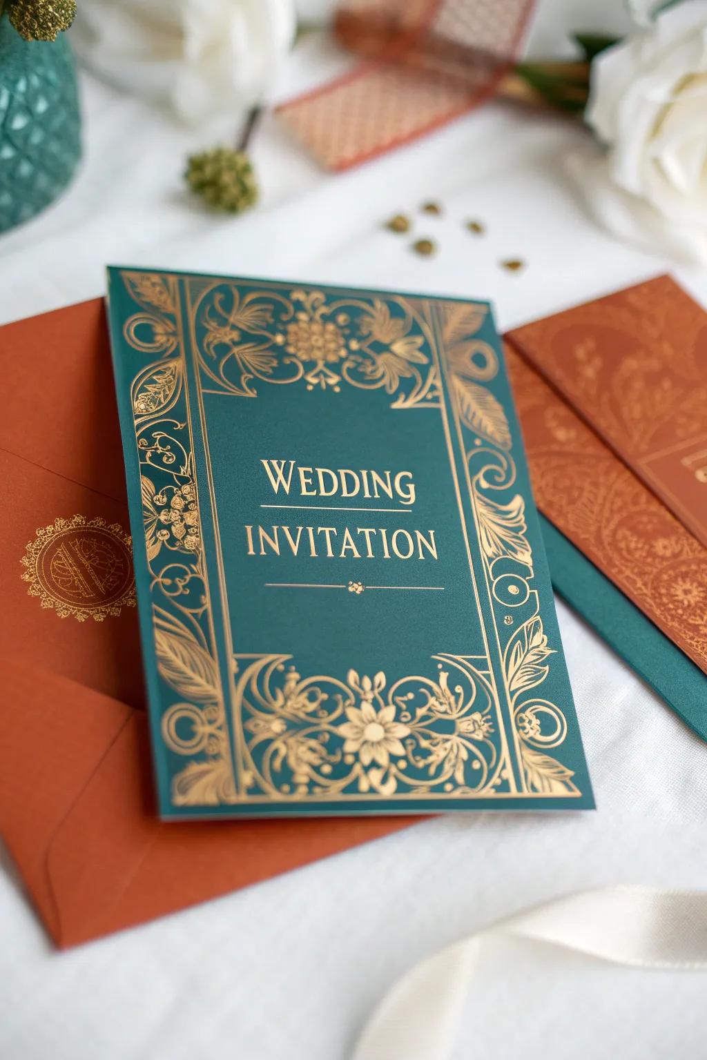 A celebration invite highlighting a cerulean and rust orange theme.