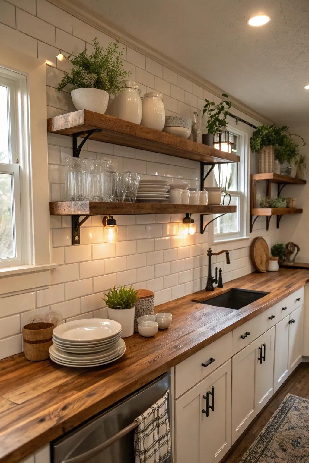 Visible shelving with timber block introduces a countryside allure and functional exhibition space. #KitchenInspo #ShelvingIdeas #TimberBlock
