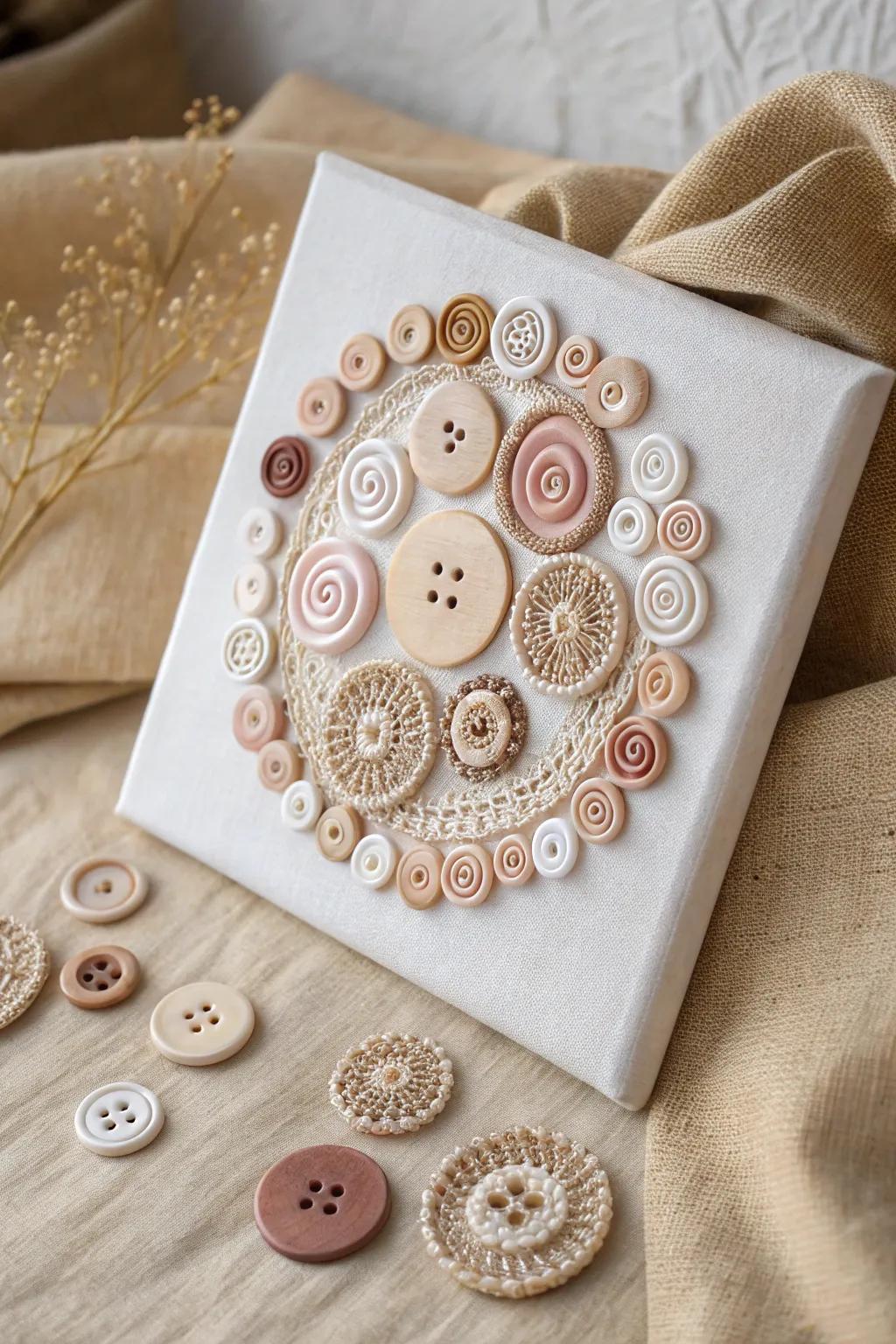 Discover peace in swirls: Embrace the art of simplicity through button patterns.