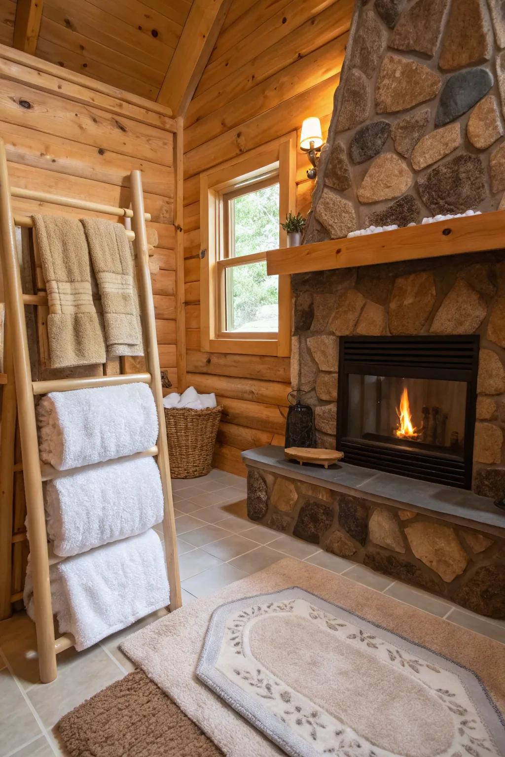A cabin bathroom with soft rugs and fluffy hand towels for a comfortable atmosphere.