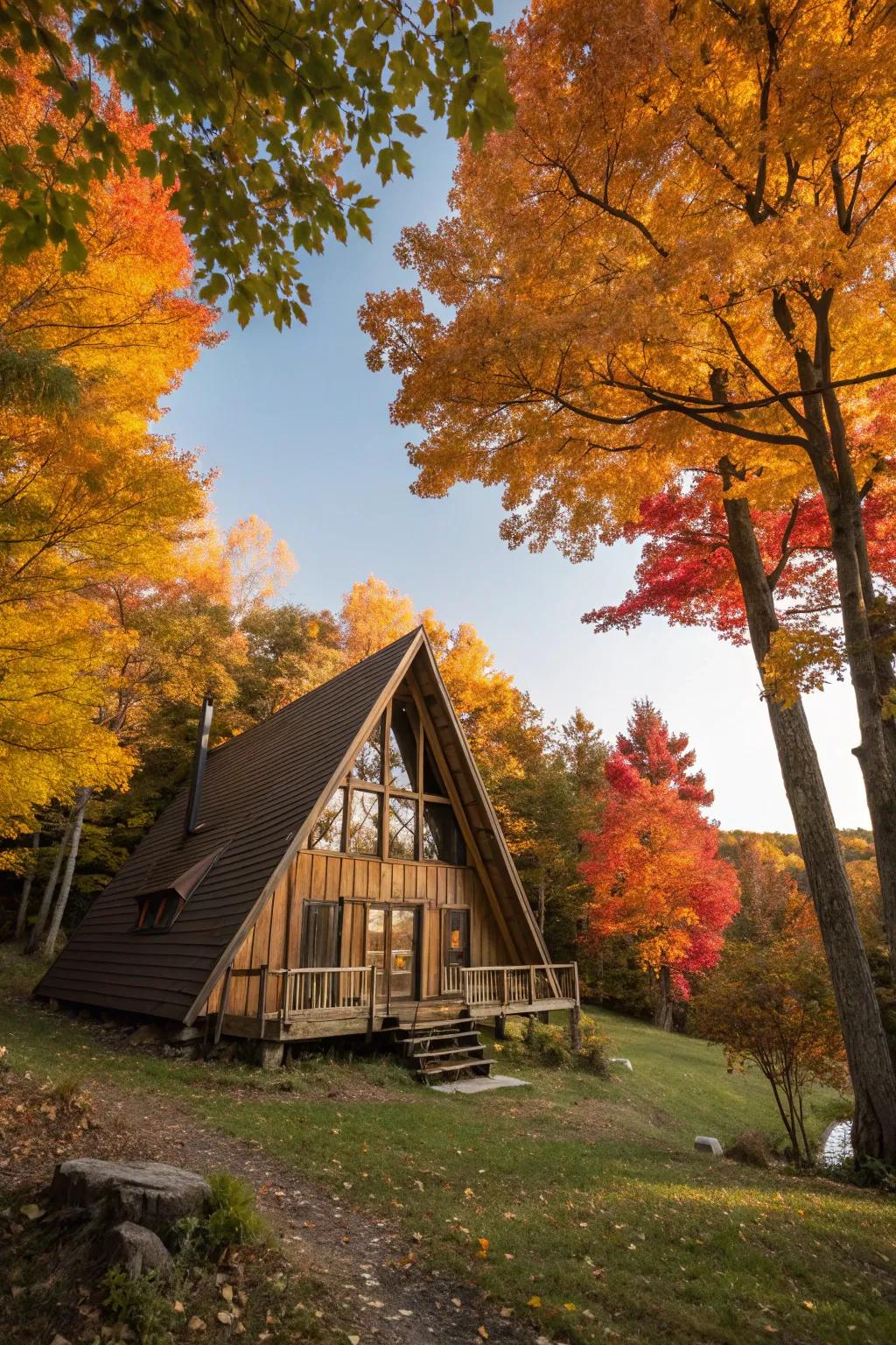 A-frame cabin nestled amidst vibrant autumn colors
