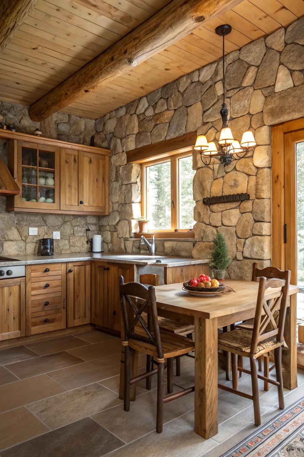 Stone highlights infuse a cabin kitchen with organic grace.