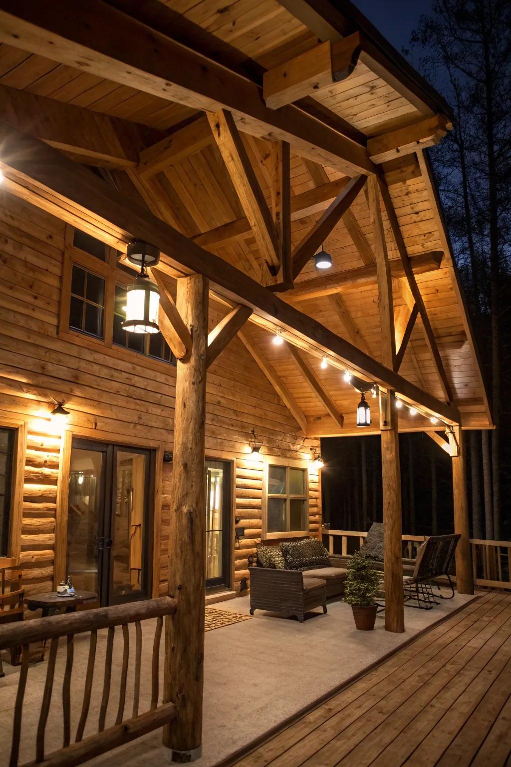 Exposed wood supports highlighted by lights, adding depth to a cabin interior.