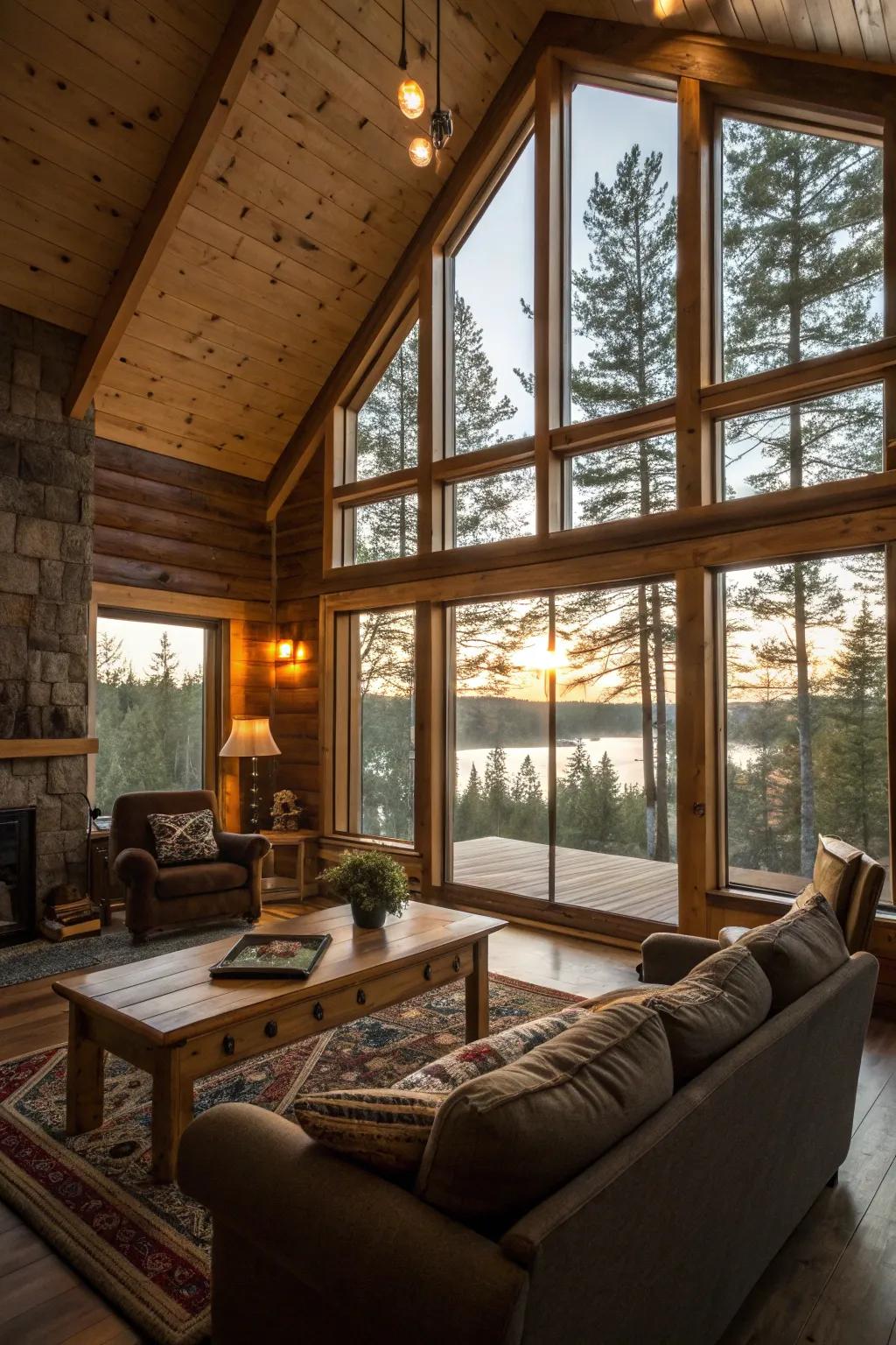 Sunlight fills this cabin living space, showcasing its country charm.
