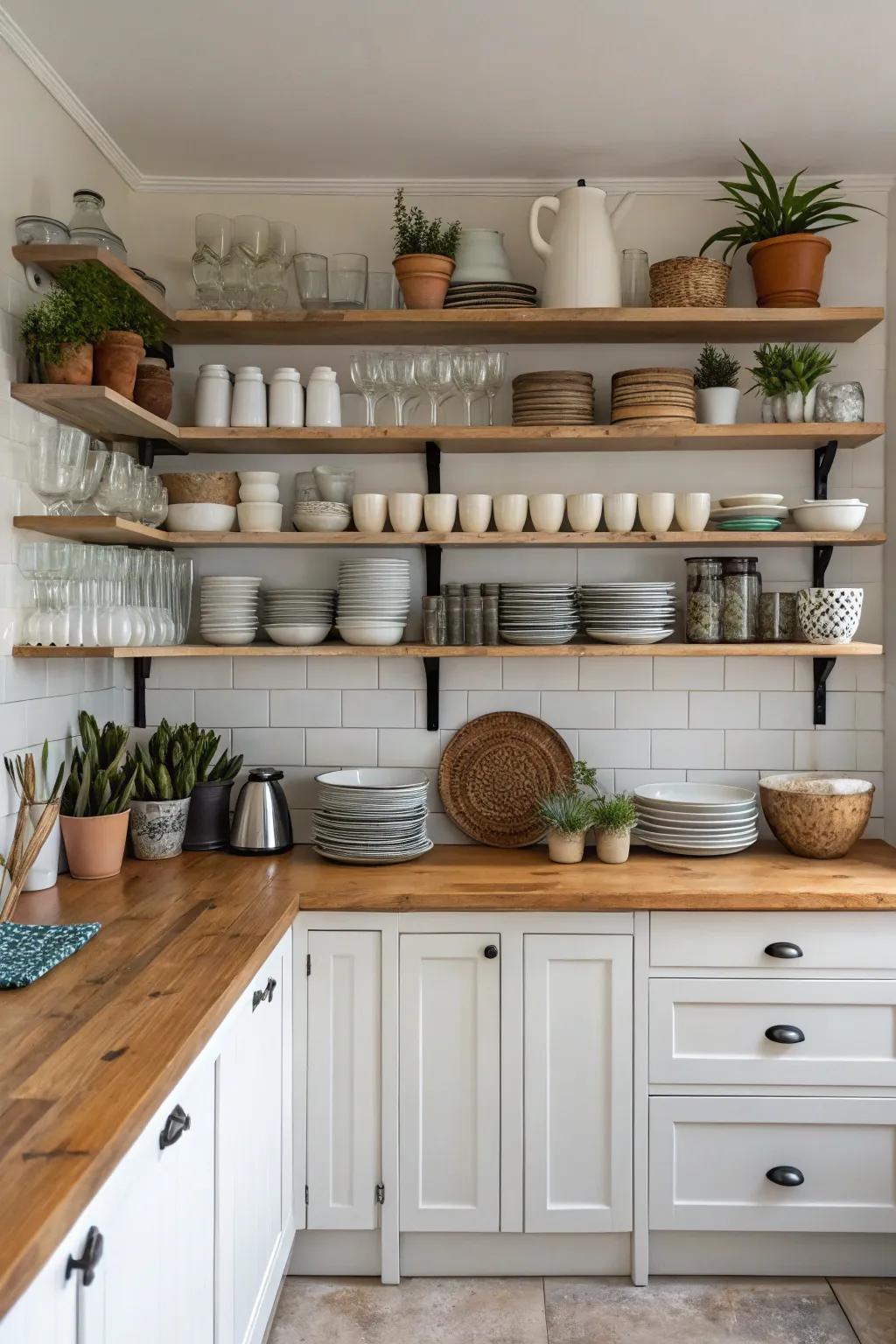 Open racks make a breezy and roomy cooking area feel.