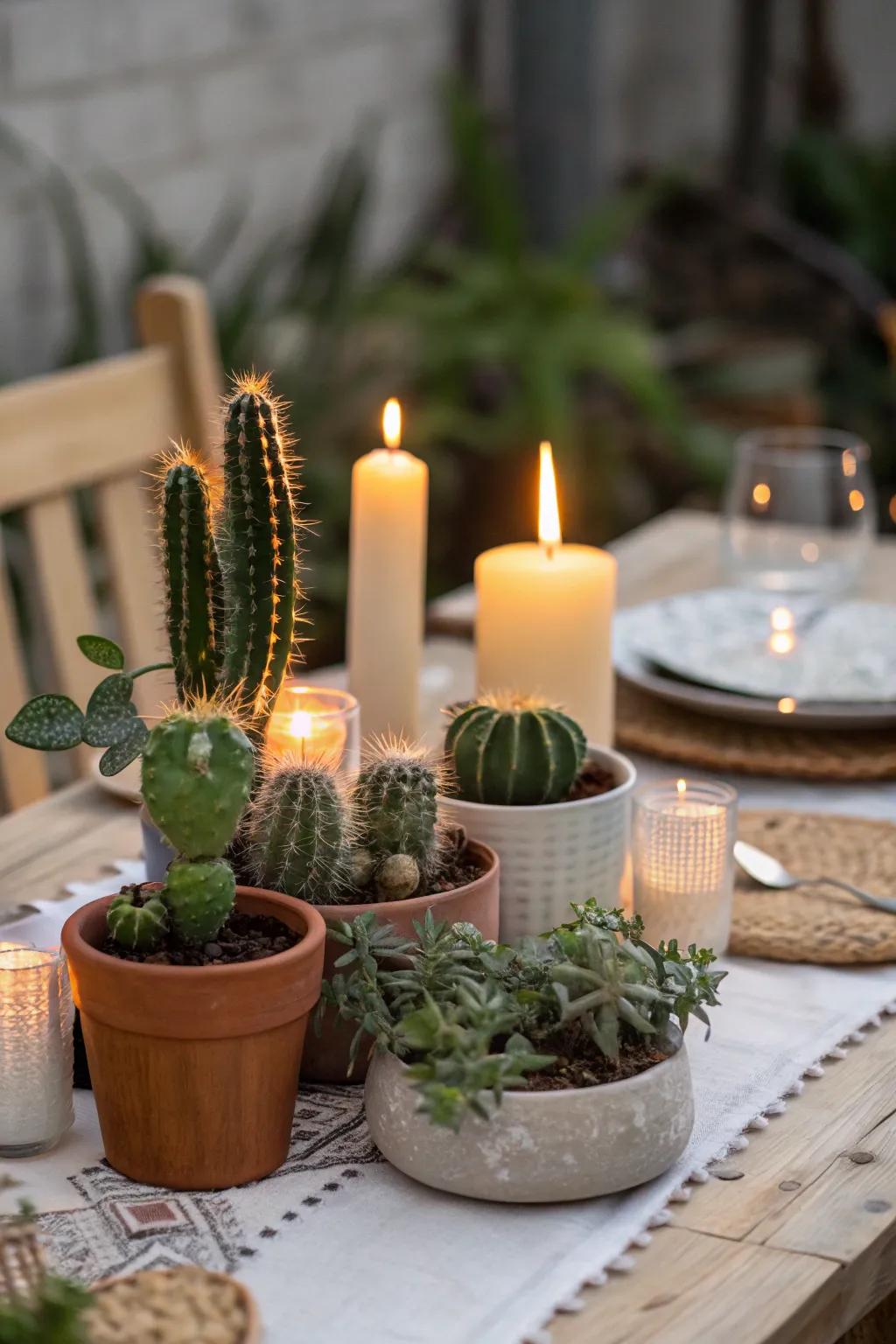Tapers accompanied by cacti form a welcoming and intimate setting.