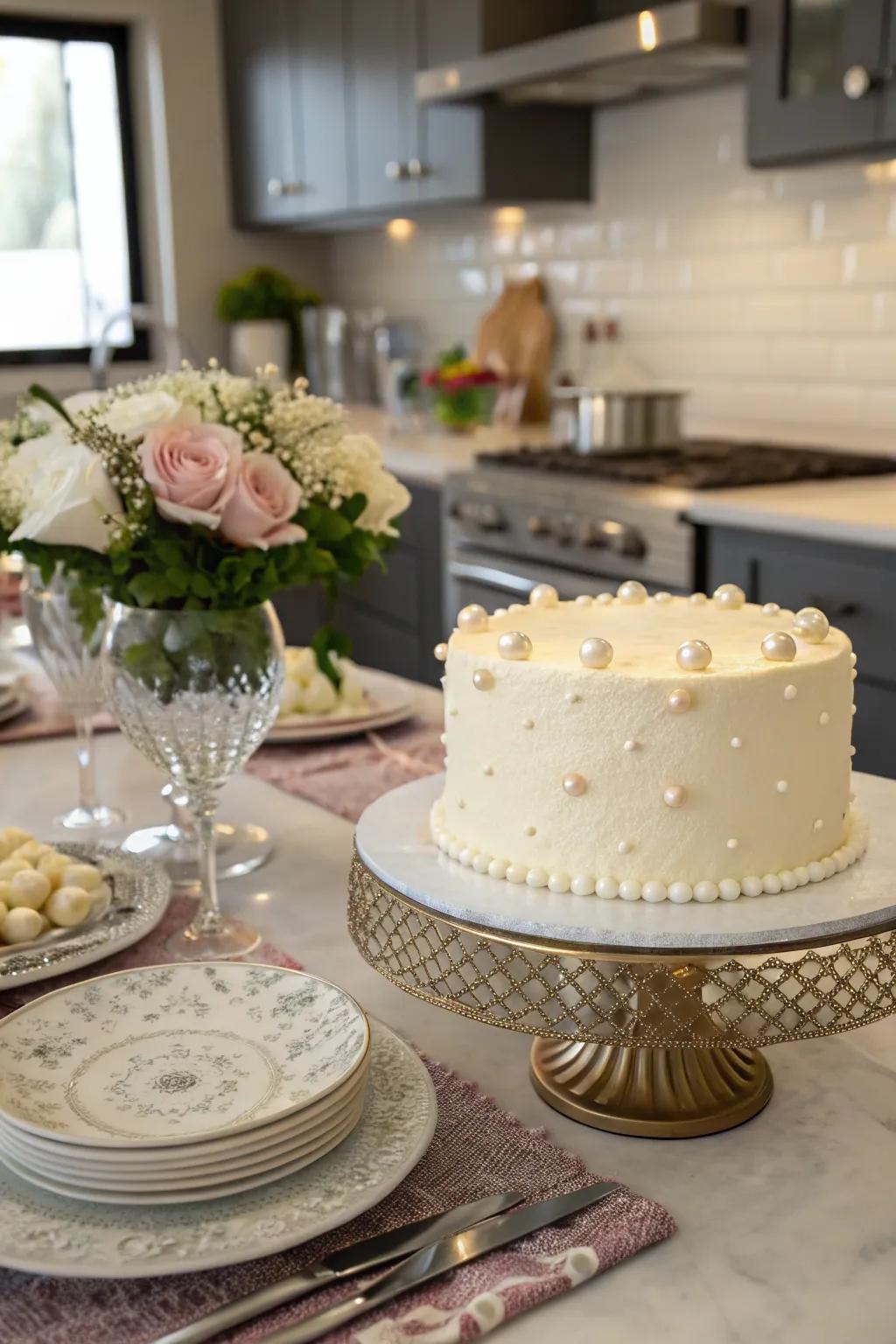 Charming sugar spheres adding sparkle to a buttercream cake