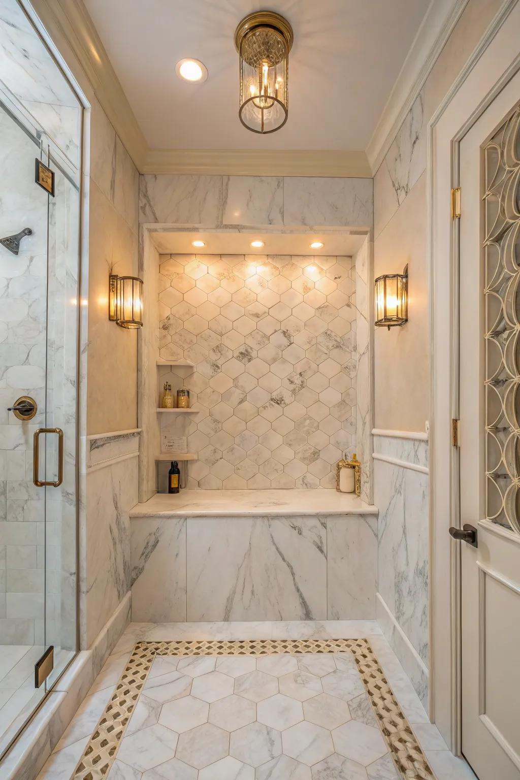 A lavish shower alcove crafted with gorgeous Luminous Stone slabs.