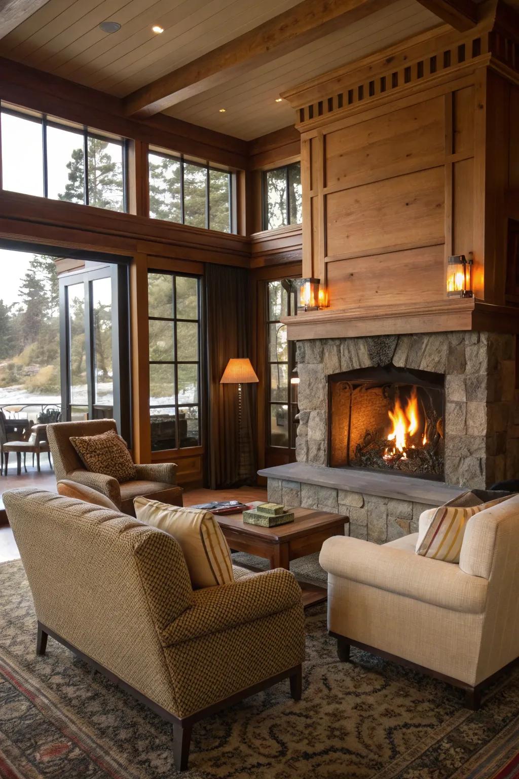 Welcoming fireplace in a California room provides warmth and atmosphere.