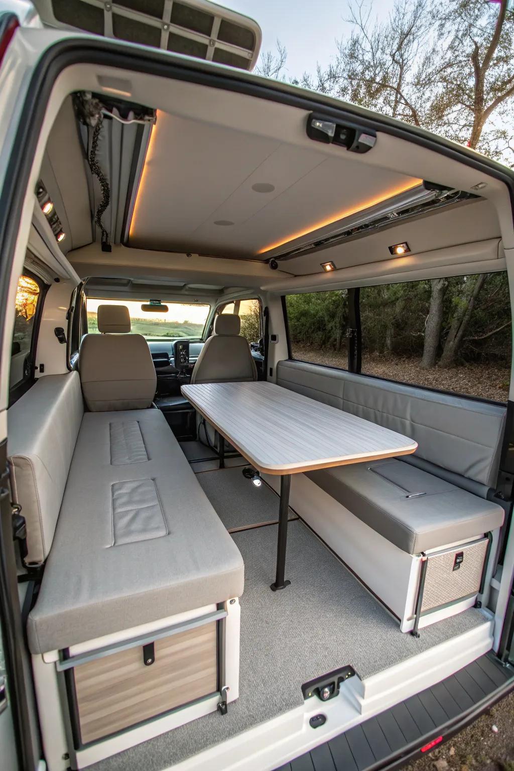 Innovative multipurpose furniture for versatile camper shell interiors.